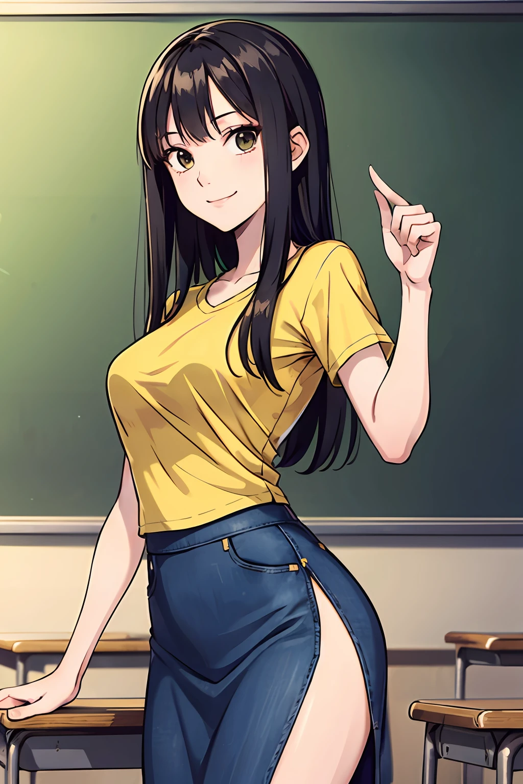 masterpiece, top quality, high resolution, evil smile, wicked smile, long hair, yellow shirt, denim skirt, long skirt, side slit, classroom