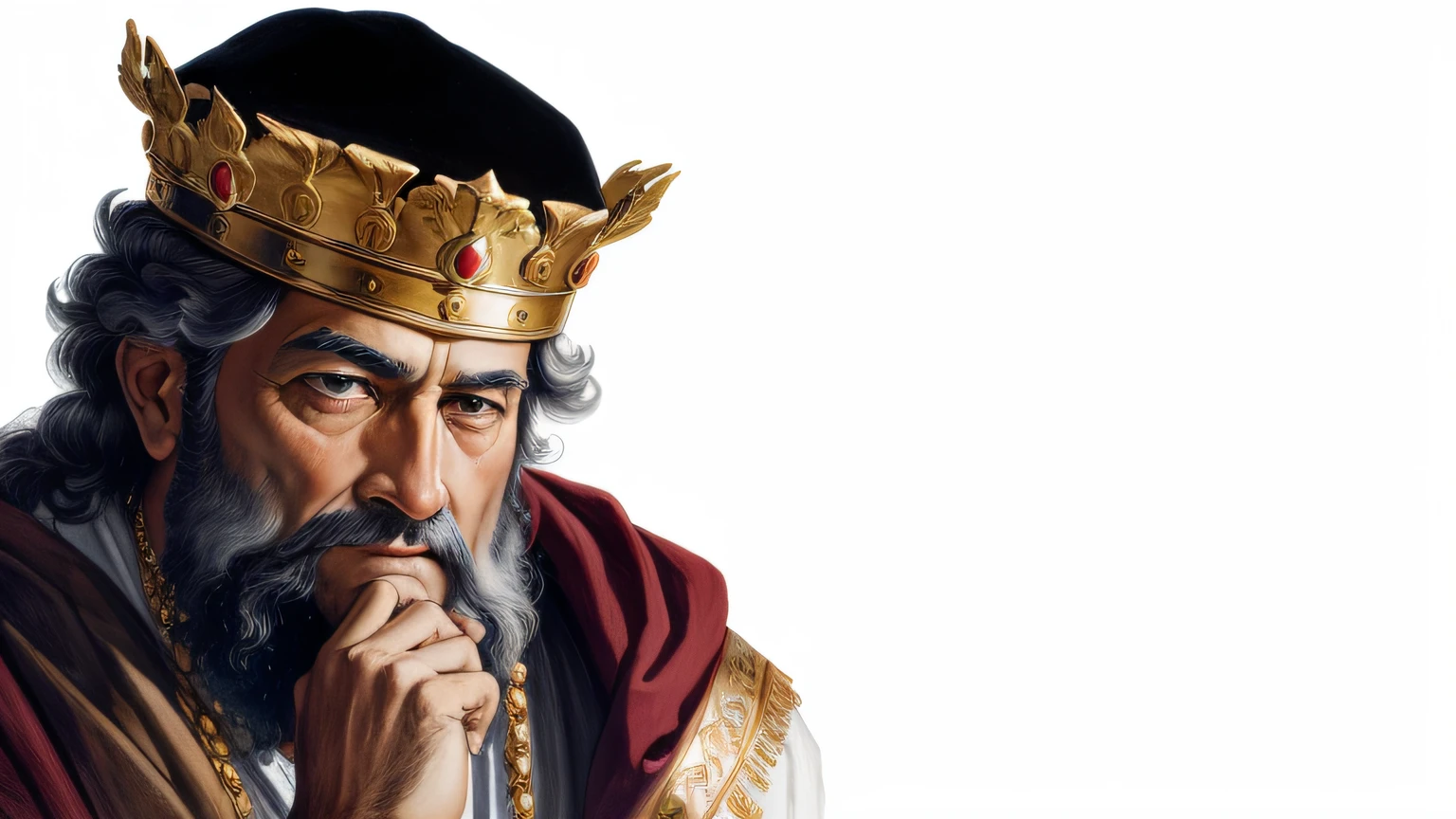 (masterpiece), (best quality), (light brown vibrant eyes), a painting of a man with a crown on his head, gal yosef, biblical illustration, nicodemus, king, portrait of fayum, portrait of the emperor of humanity, by Ignacio Zuloaga, by Juan O'Gorman, unknown artist, king of kings, by Alejandro Obregón, portrait zeus, moses, contemplating
