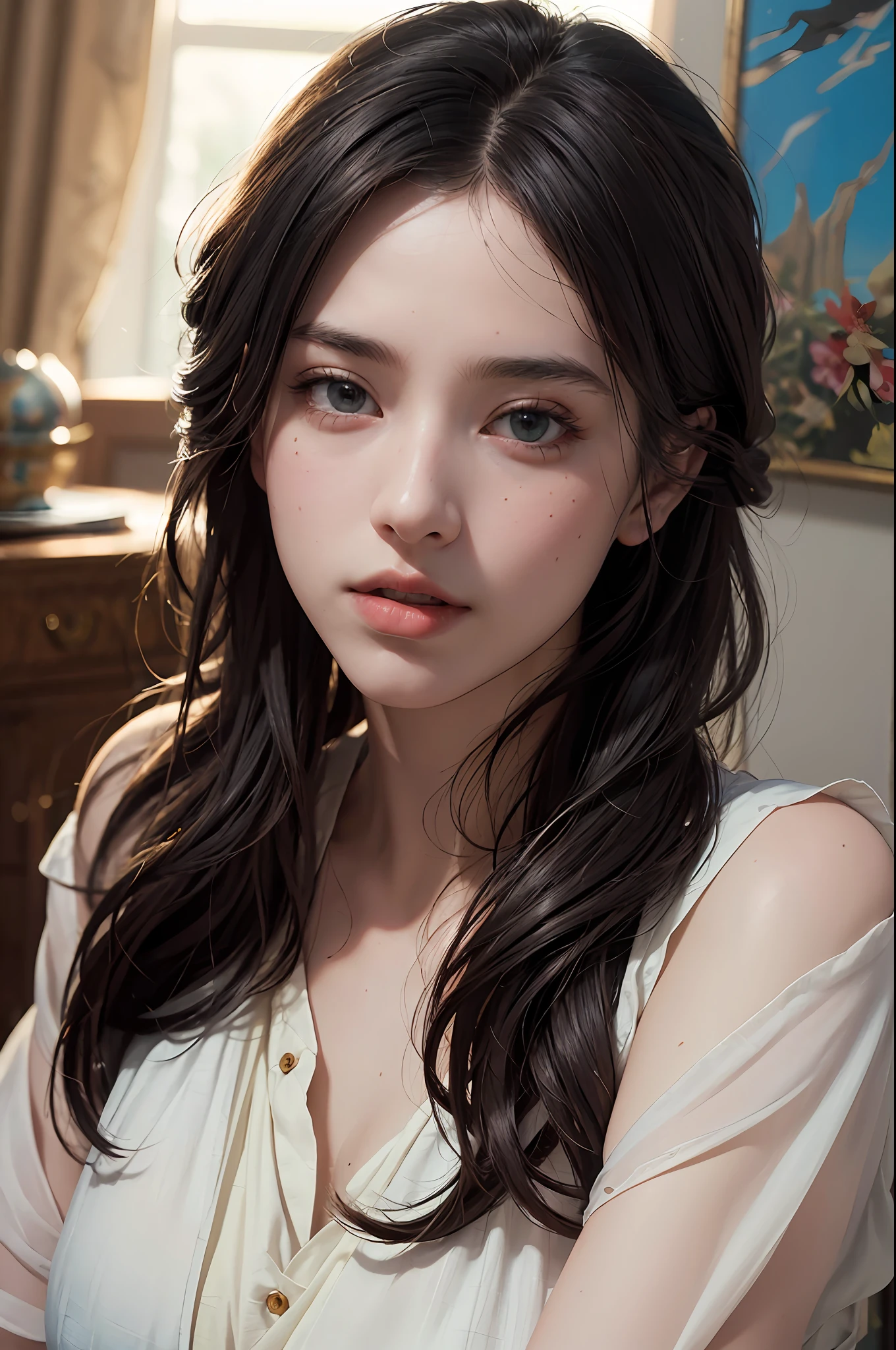 (RAW photo, best quality), (realistic, photo-realistic:1.3),best quality,highly detailed,masterpiece,ultra-detailed,illustration,1girl,upper_body,dynamic angle,world masterpiece theater,messy_long_hair,best quality,extremely detailed CG unity 8k wallpaper,ink,Amazing,cinematic lighting,lens_flare,,dunhuang_style