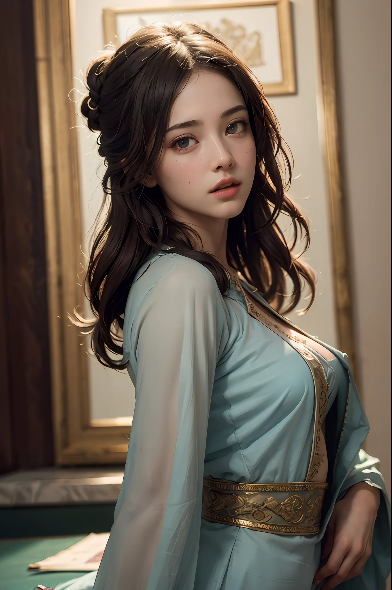 (RAW photo, best quality), (realistic, photo-realistic:1.3),best quality,highly detailed,masterpiece,ultra-detailed,illustration,1girl,upper_body,dynamic angle,world masterpiece theater,messy_long_hair,best quality,extremely detailed CG unity 8k wallpaper,ink,Amazing,cinematic lighting,lens_flare,,dunhuang_style