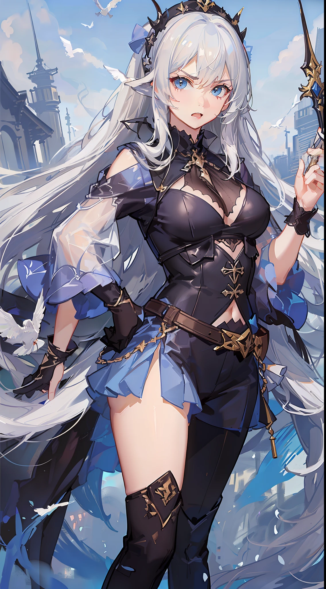 Adult girl, long white hair, high ponytail, blue eyes, angry, dove general's clothes, black trousers, spear, masterpiece, high quality