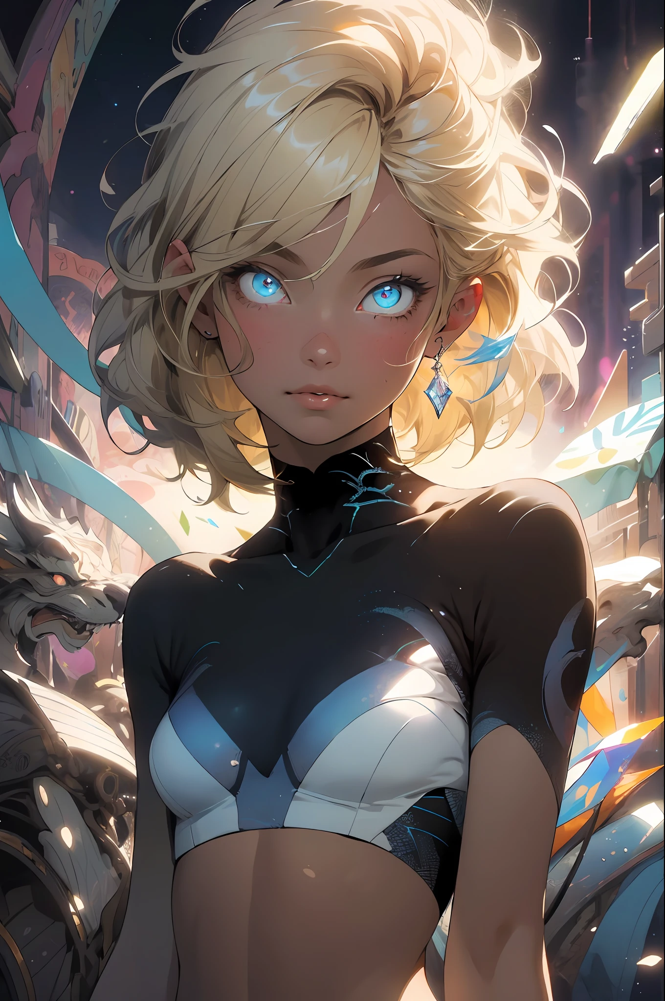 Realistic, (Masterpiece, Top Quality, Best Quality, Official Art, Beauty and Aesthetics: 1.2), Very Detailed, Fractal Art, Colorful, Most Detailed, Zentangle, (Abstract Background: 1.5) (1girl), God, Blonde Hair, Short Hair, (Glowing Blue Eyes), Pectals, Abs, Mysterious, (Magic), Crystal