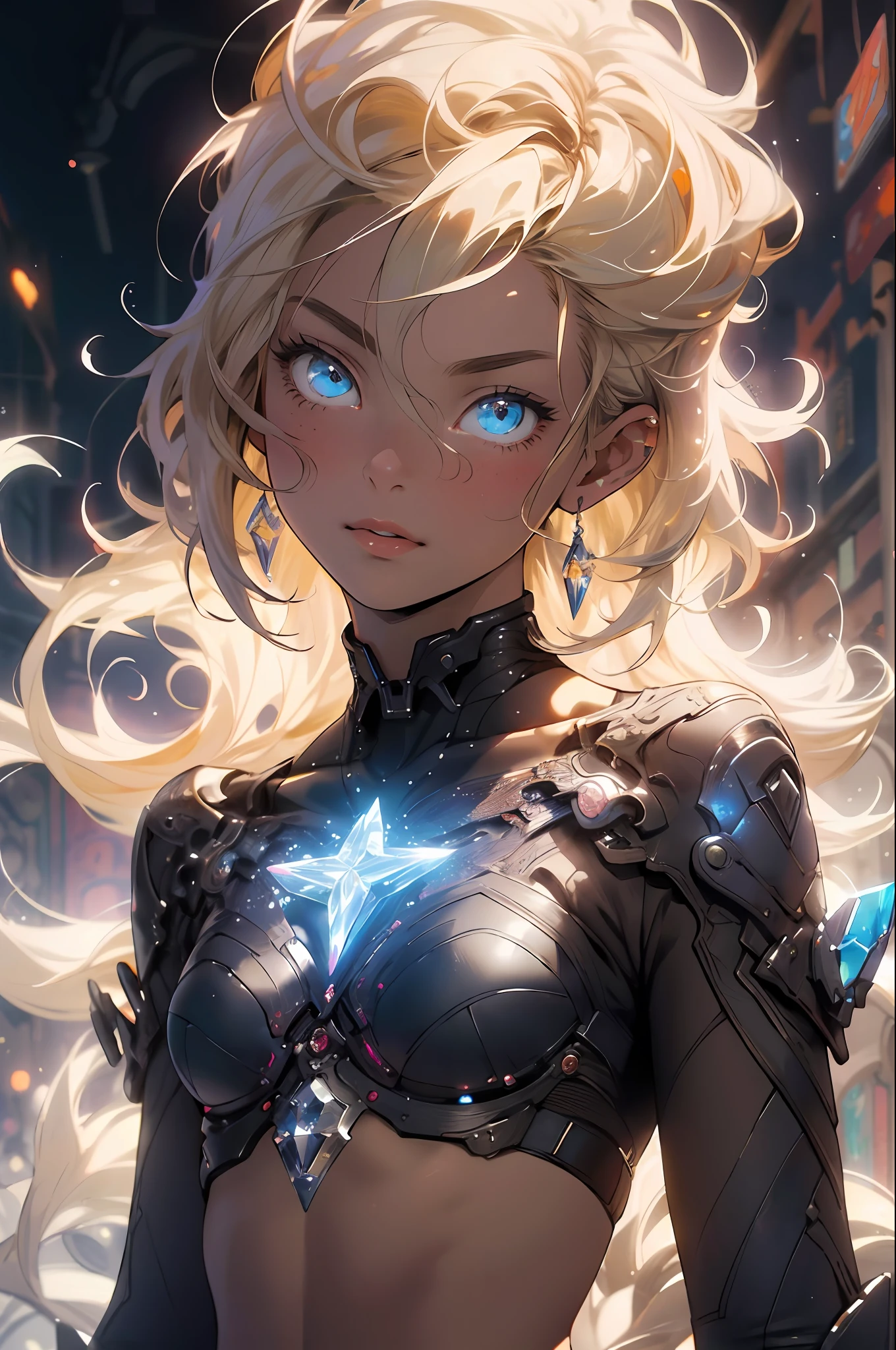 Realistic, (Masterpiece, Top Quality, Best Quality, Official Art, Beauty and Aesthetics: 1.2), Very Detailed, Fractal Art, Colorful, Most Detailed, Zentangle, (Abstract Background: 1.5) (1girl), God, Blonde Hair, Short Hair, (Glowing Blue Eyes), Pectals, Abs, Mysterious, (Magic), Crystal