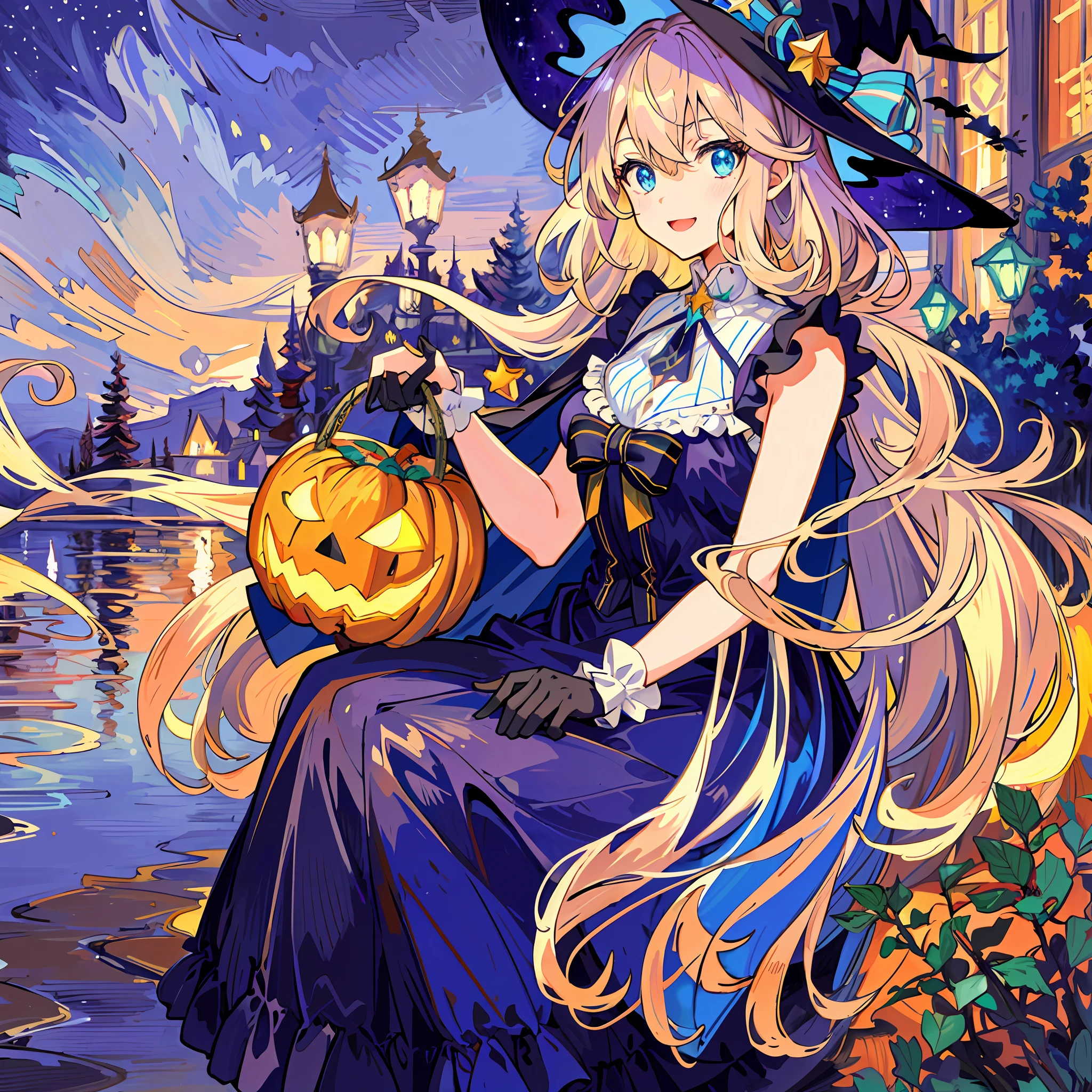((masterpiece:1.2, best quality)), 1girl, solo, (witch hat), a close up of a girl with curly hair, dress, aurora, night, star (sky), gloves, sky, dress, night sky, open mouth, starry sky, light blue eyes, ribbons, smile, cape, colorful hair, magic, casting spell, night, (impressionism:1.4), alphonse mucha, Halloween colors, colorful candy, magical lights, pumpkins, candies