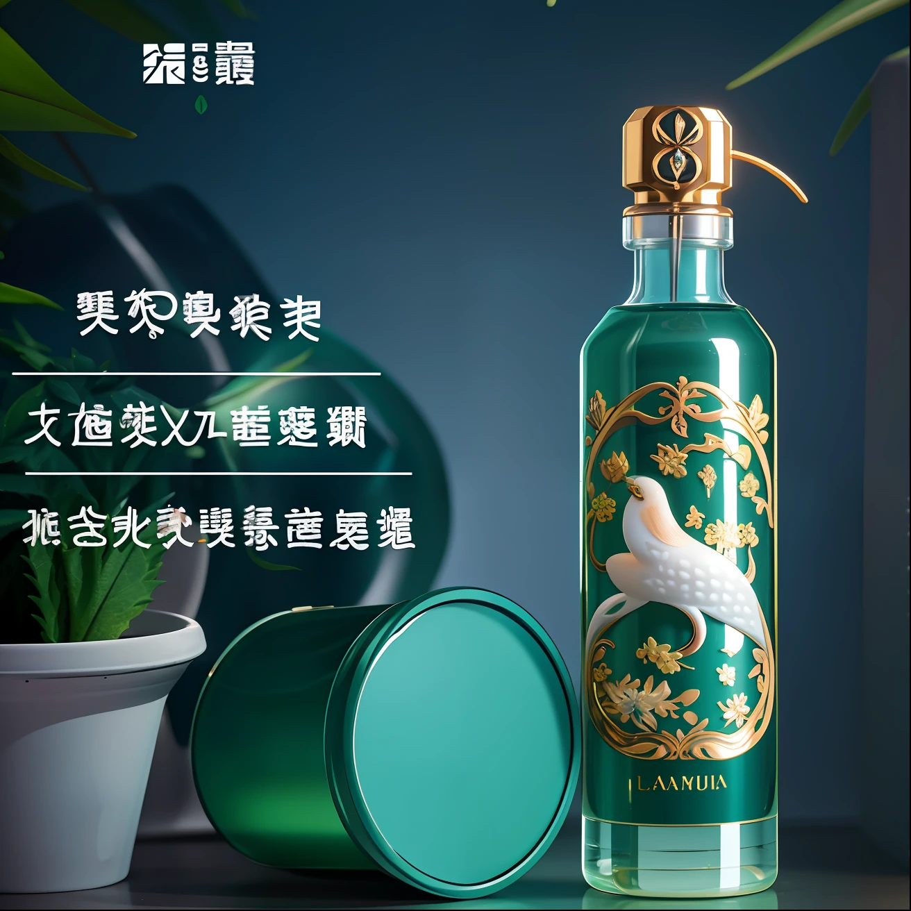 a close up of a bottle of water with a plant in the background, inspired by Lam Qua, queen of the sea mu yanling, lamia, official product image, amber, commercial product photography, by Li Mei-shu, inspired by Luo Mu, professional product photography, 💋 💄 👠 👗, dramatic product photography, lu ji