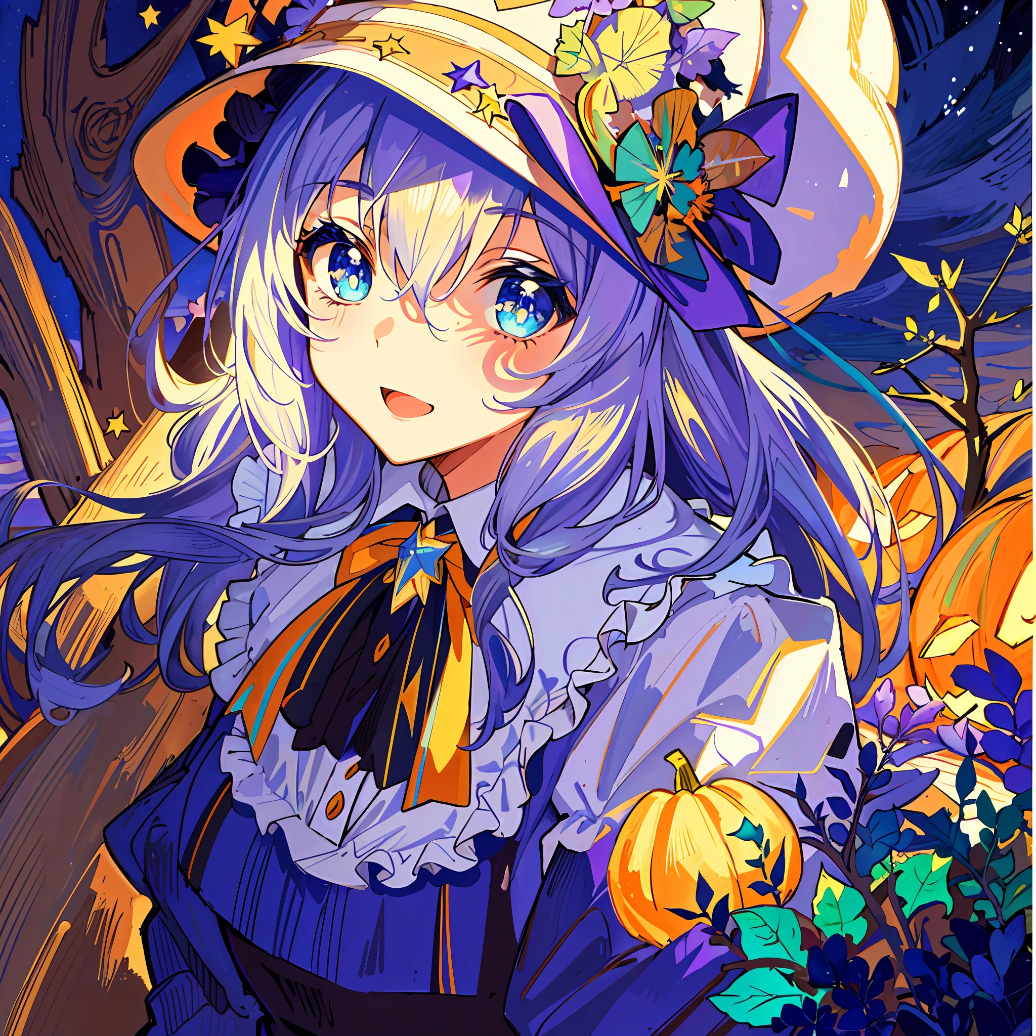 ((masterpiece:1.2, best quality)), 1girl, solo, (witch hat), a close up of a girl with curly hair, dress, aurora, night, star (sky), gloves, sky, dress, night sky, open mouth, starry sky, light blue eyes, ribbons, smile, cape, colorful hair, magic, casting spell, night, (impressionism:1.4), alphonse mucha, Halloween colors, colorful candy, magical lights, pumpkins, candies