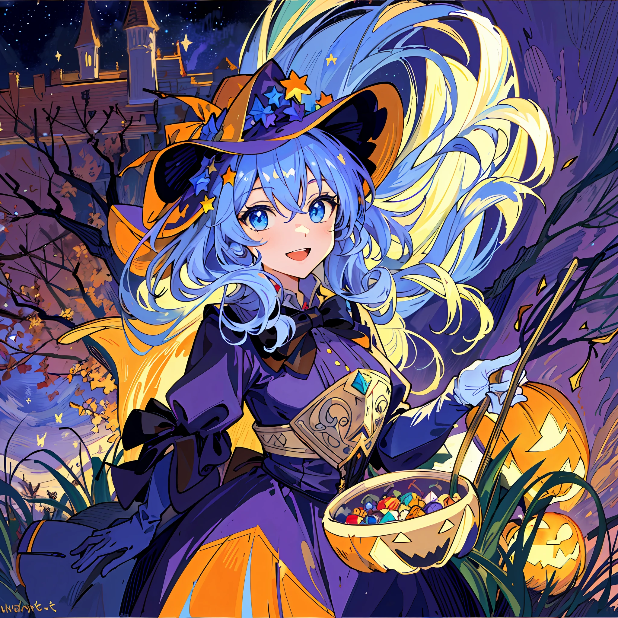 ((masterpiece:1.2, best quality)), 1girl, solo, (witch hat), a close up of a girl with curly hair, dress, aurora, night, star (sky), gloves, sky, dress, night sky, open mouth, starry sky, light blue eyes, ribbons, smile, cape, colorful hair, magic, casting spell, night, (impressionism:1.4), alphonse mucha, Halloween colors, colorful candy, magical lights, pumpkins, candies