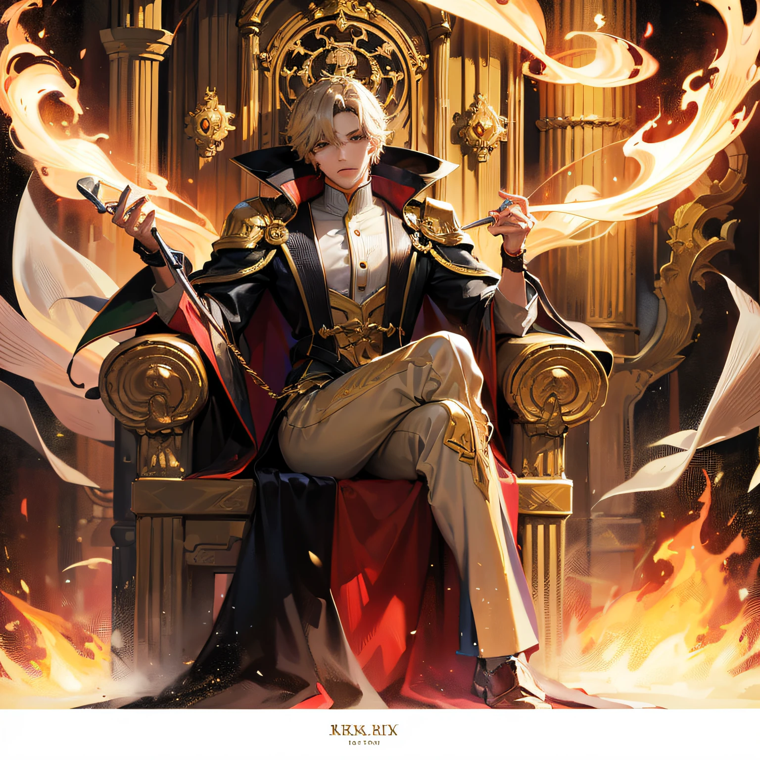 (absurdres, highres, ultra detailed), 1 male, adult, handsome, tall muscular guy, broad shoulders, finely detailed eyes and detailed face, light color hair, fantasy, magnificent background, throne, magic effect, flame