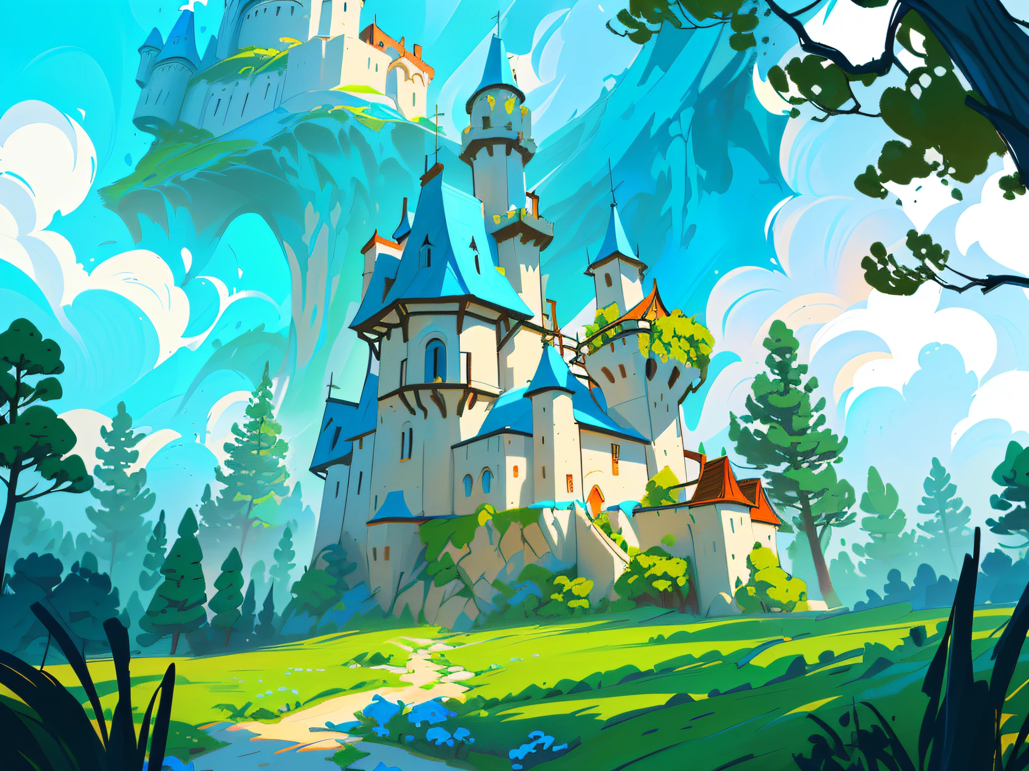 Mushroom head as the eaves of the castle, a mushroom castle in the forest, with yellow mushrooms and blue mushrooms, blue sky and white clouds, meadow, cartoon style, clean colors, bright colors, CG illustration, HD, cartoon illustration in front of the castle in mushroom style, magical fantasy 2 D concept art, fairy tale illustration style, children's art in ArtStation, fairy tale style background, fantasy game art style, beautiful artwork illustration, fantasy world concept, colorful concept art, digital 2D Fantasy art, background art, mobile game art, fairy tale artwork