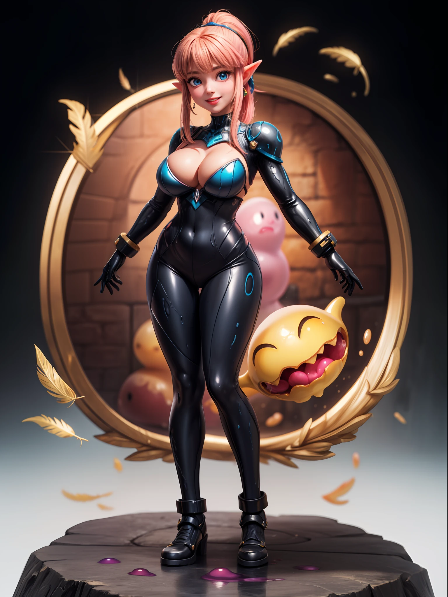 ((Full body, standing):1.5), Only Princess Zelda:wearing Samus Aran's black armor with gold parts, feathers she has extremely large breasts, very short pink hair, blue eyes, is doing erotic pose, is smiling and looking at the viewer, inside an alien dungeon, full of ((mutant slimes):1.2)., Super Metroid Style, anime, anime, Hyperrealism, Hyperrealism, 16k, ((high quality, high details):1.4), UHD, masterpiece