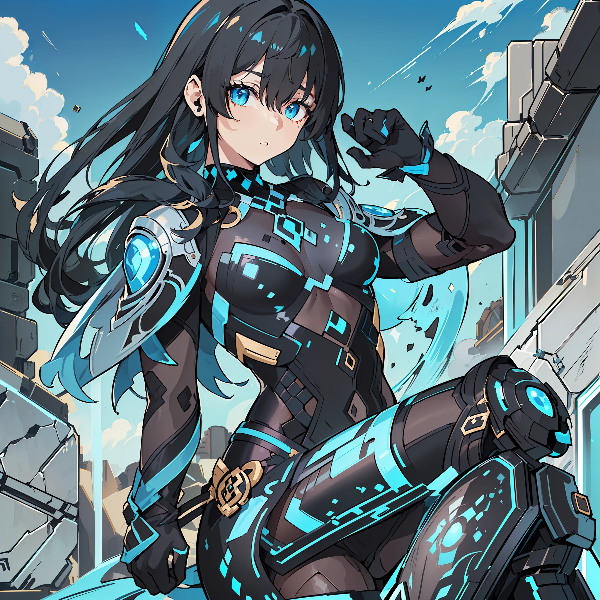 ((((Jean Genshin Impact))))), (((Flat Chest)))Female, (((Brown Skin)))), (((Long Dark Blue Hair with Fringe Covering One Eye))))), Light Blue Eyes, ((((((((Black Battle Tech Suit Covering All Body)))))), Clothes Are Mostly Black in Color, but with Blue and White Parts