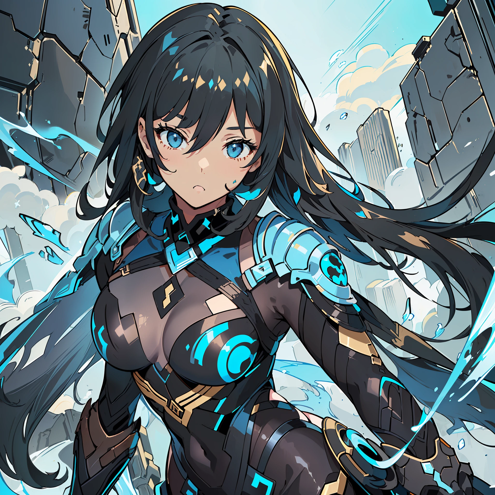 ((((Jean Genshin Impact))))), (((Flat Chest)))Female, (((Brown Skin)))), (((Long Dark Blue Hair with Fringe Covering One Eye))))), Light Blue Eyes, ((((((((Black Battle Tech Suit Covering All Body)))))), Clothes Are Mostly Black in Color, but with Blue and White Parts