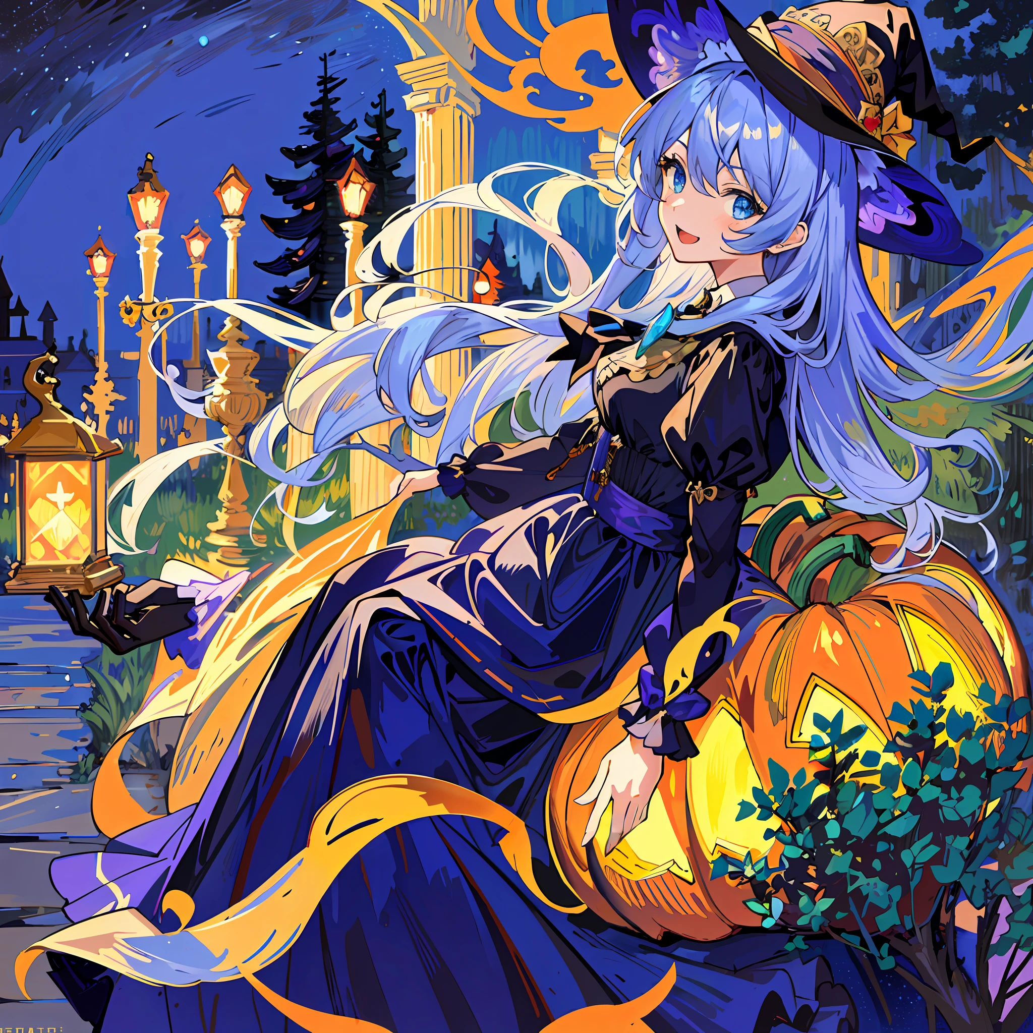 ((masterpiece:1.2, best quality)), 1girl, solo, (witch hat), a close up of a girl with curly hair, dress, aurora, night, star (sky), gloves, sky, dress, night sky, open mouth, starry sky, light blue eyes, ribbons, smile, cape, colorful hair, magic, casting spell, night, (impressionism:1.4), alphonse mucha, Halloween colors, colorful candy, magical lights, pumpkins, candies