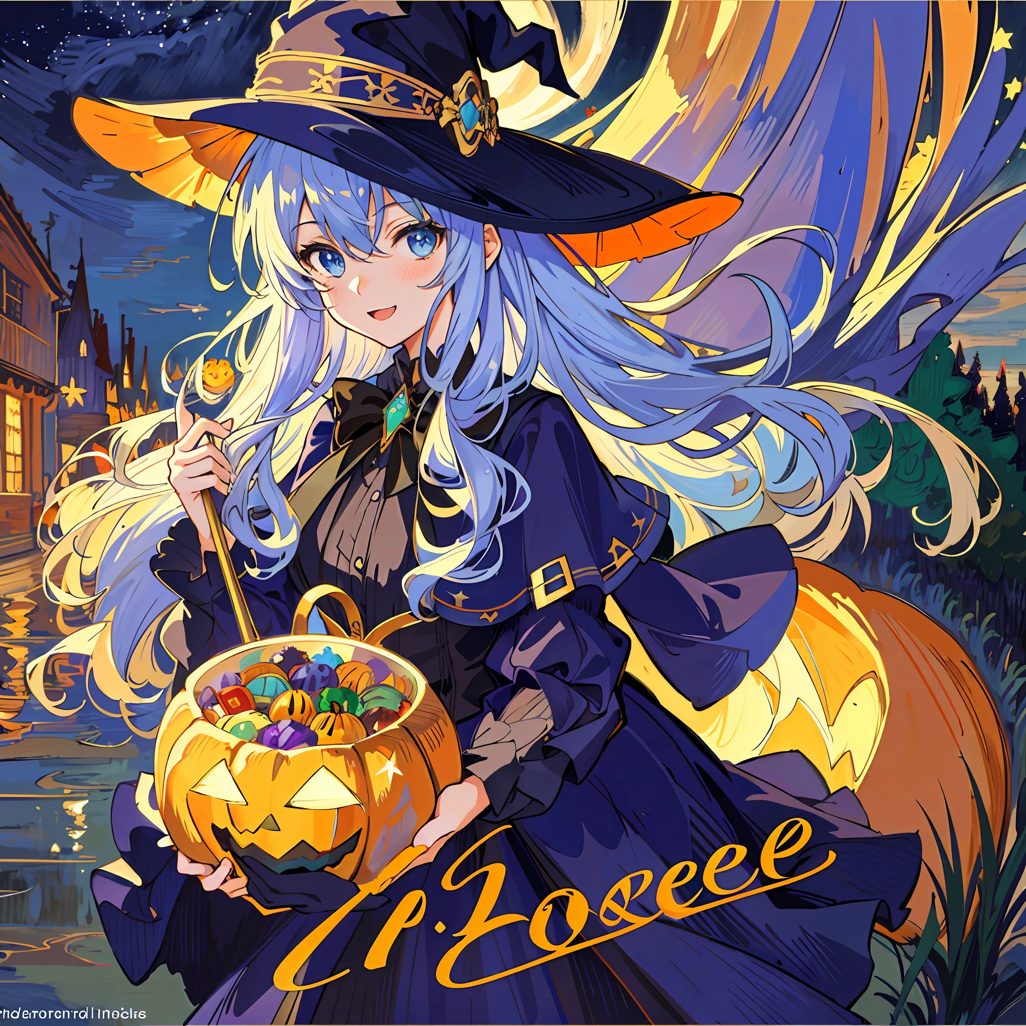 ((masterpiece:1.2, best quality)), 1girl, solo, (witch hat), a close up of a girl with curly hair, dress, aurora, night, star (sky), gloves, sky, dress, night sky, open mouth, starry sky, light blue eyes, ribbons, smile, cape, colorful hair, magic, casting spell, night, (impressionism:1.4), alphonse mucha, Halloween colors, colorful candy, magical lights, pumpkins, candies