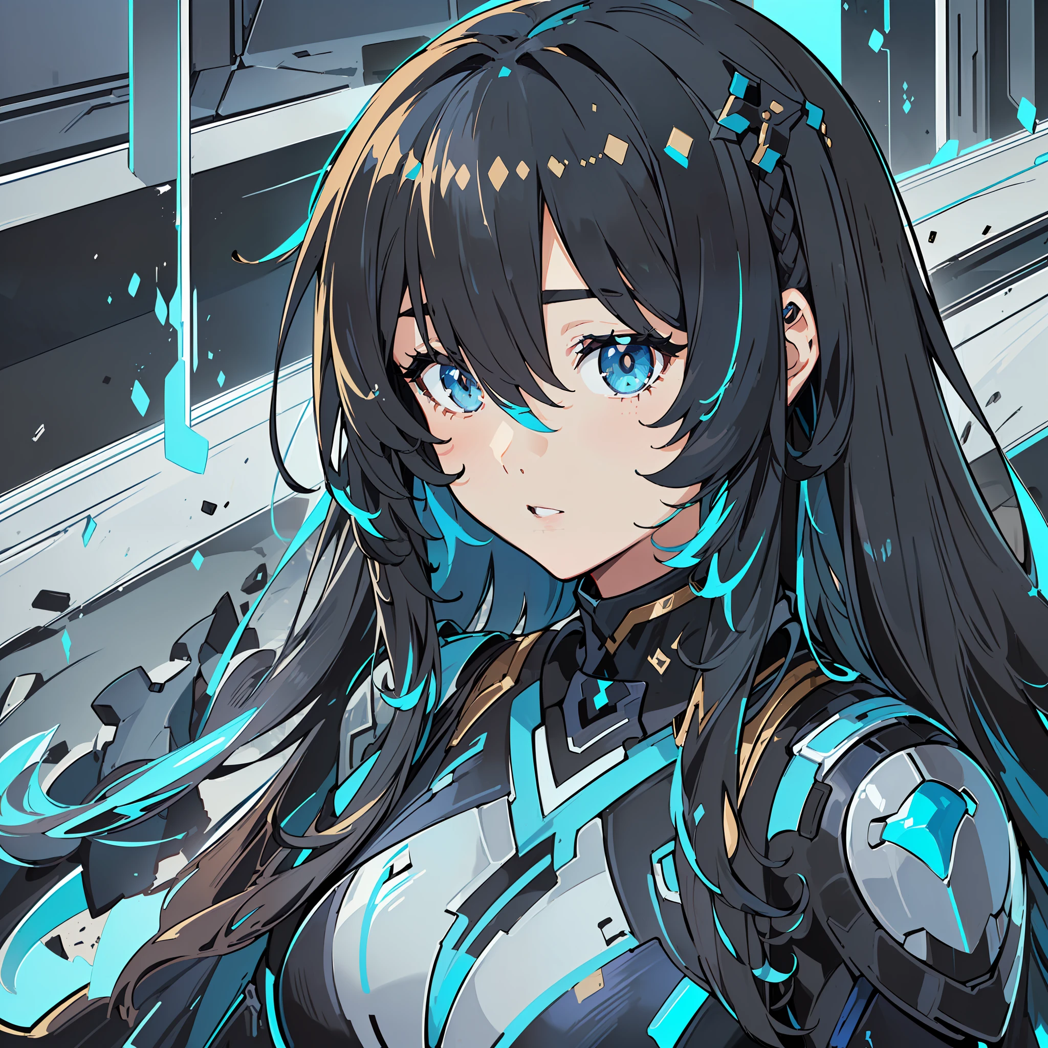 ((((Jean Genshin Impact))))), (((Flat Chest)))Female, (((Brown Skin)))), (((Long Dark Blue Hair with Fringe Covering One Eye))))), Light Blue Eyes, ((((((((Black Battle Tech Suit Covering All Body)))))), Clothes Are Mostly Black in Color, but with Blue and White Parts