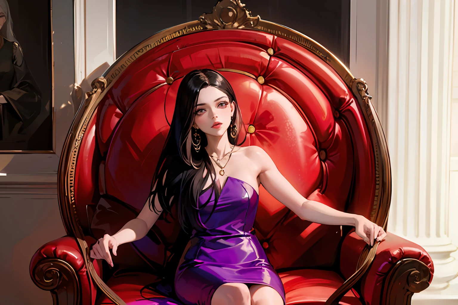 Araffe woman, beautiful face, western, black hair, beautiful villain face, sitting in a chair with a colorful dress, , lady kima, violet myers, profile picture, in a stone chair, alanis guillen, lorena avarez, alena, liana, 21 years, featured art, ekaterina, beautiful lady, colombian, sitting in chair