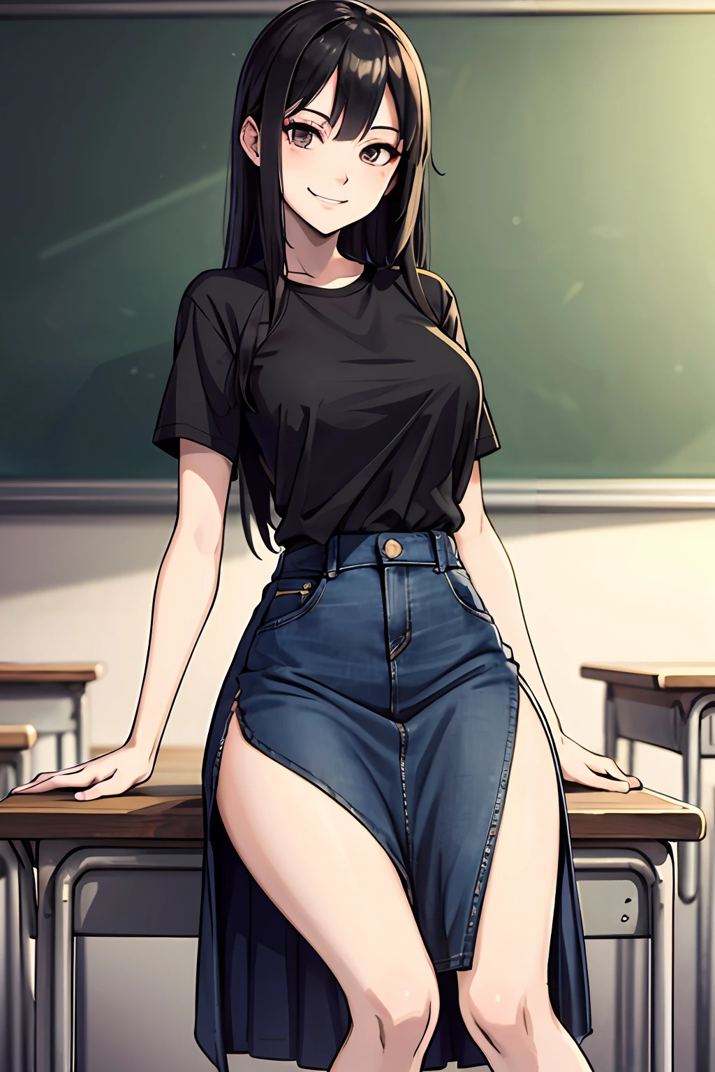 masterpiece, top quality, high resolution, evil smile, evil smile, long hair, black shirt, denim skirt, long skirt, side slit, classroom