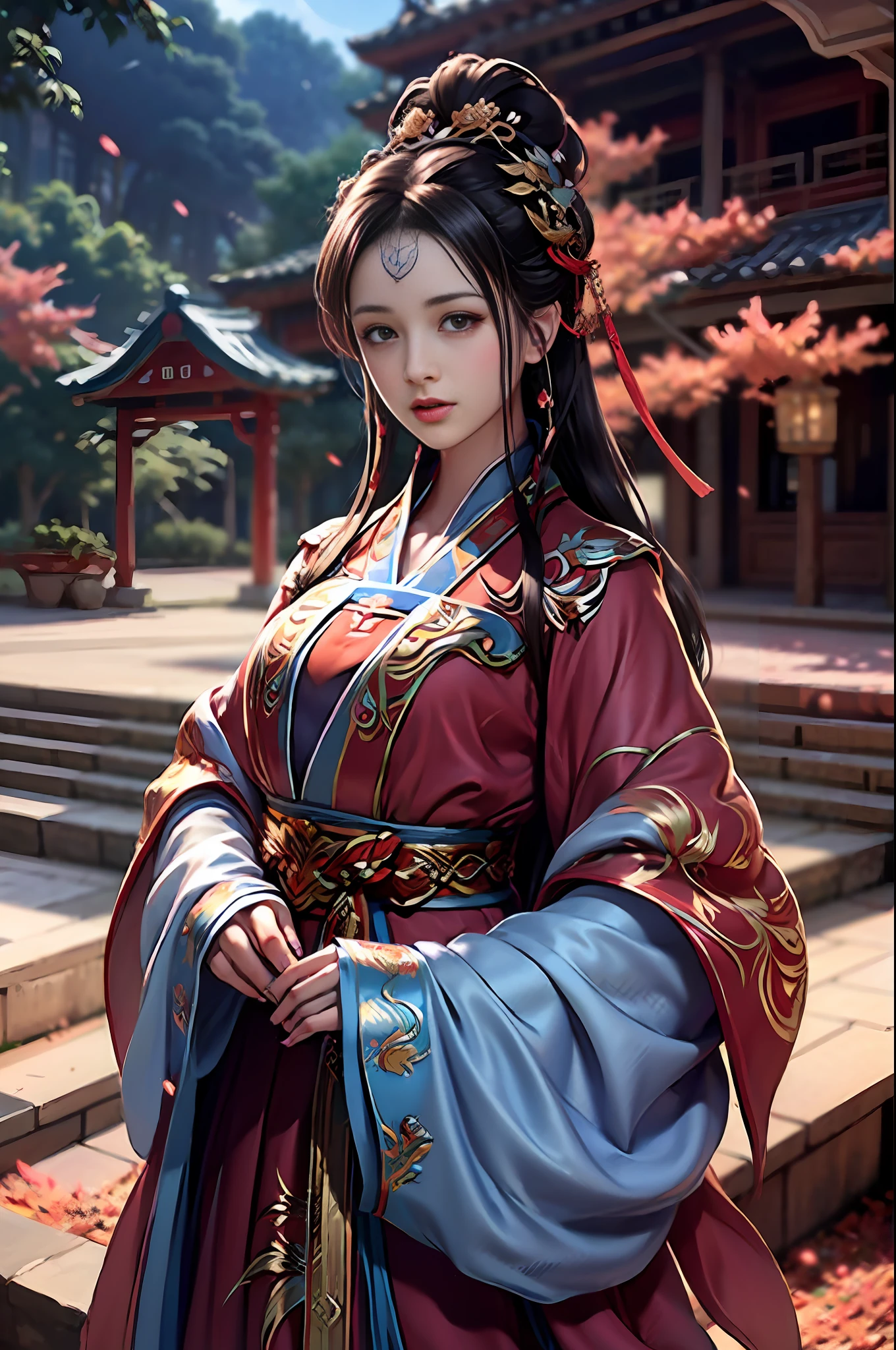 Official Art, Unity 8k wallpaper, super detailed, beautiful, beautiful, masterpiece, best quality, mystery, romanticism, horror, literature, art, fashion, Tang dynasty era, decoration, intricate, embroidery, red hanfu, red tulle coat, 1 girl, black hair, red headband, red hairpin, sad, fatalistic, bust composition, dramatic composition, movie lighting, dynamic perspective, sexy, nudity, full of temptation, red maple forest, maple leaves falling, red maple background, cloudy fog, dramatic composition,