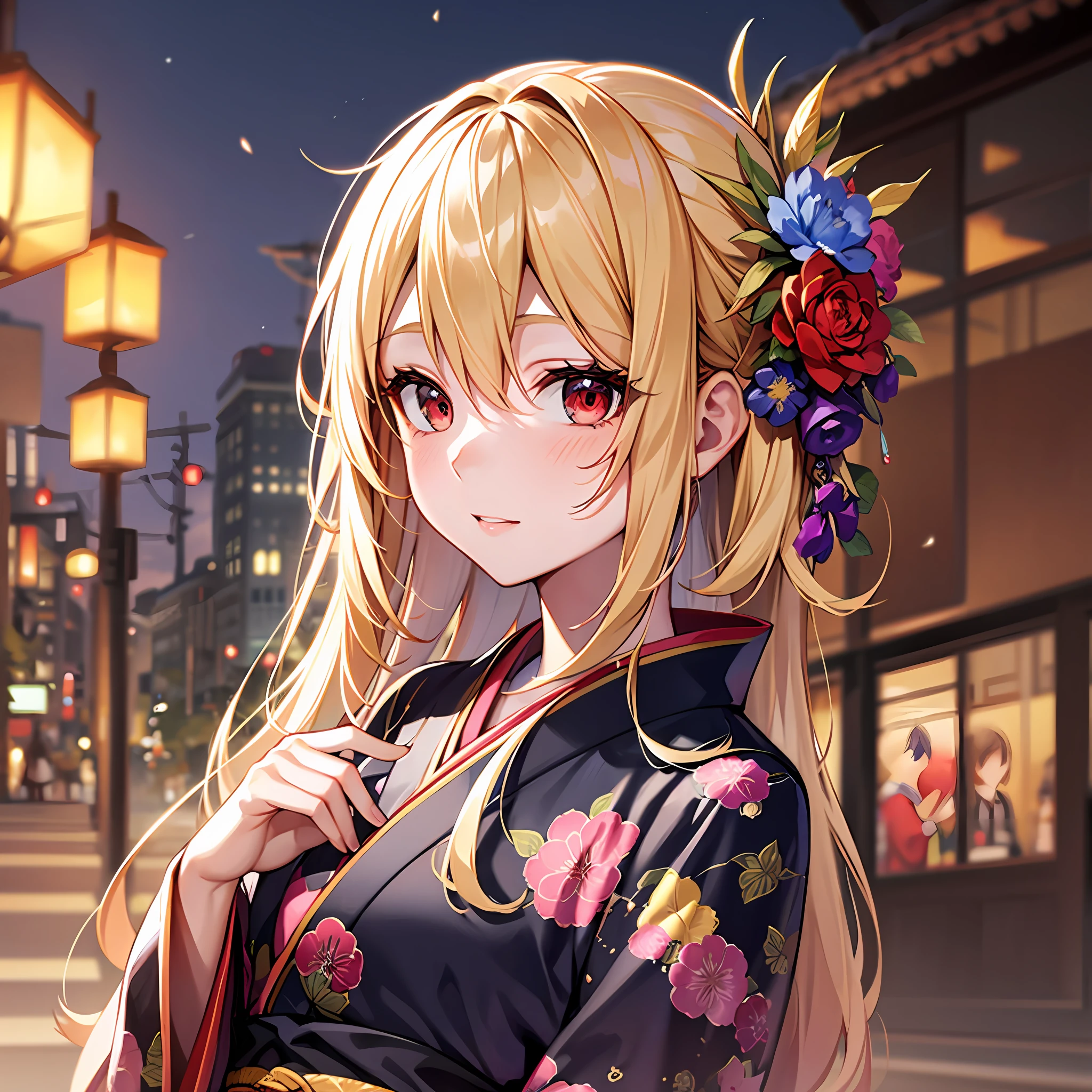 One blonde girl, red eyes, kimono, Tanabata,
