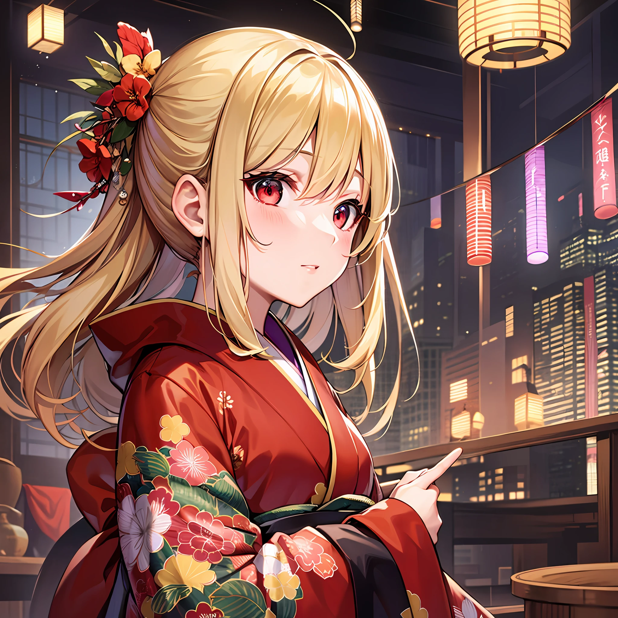 One blonde girl, red eyes, kimono, Tanabata,