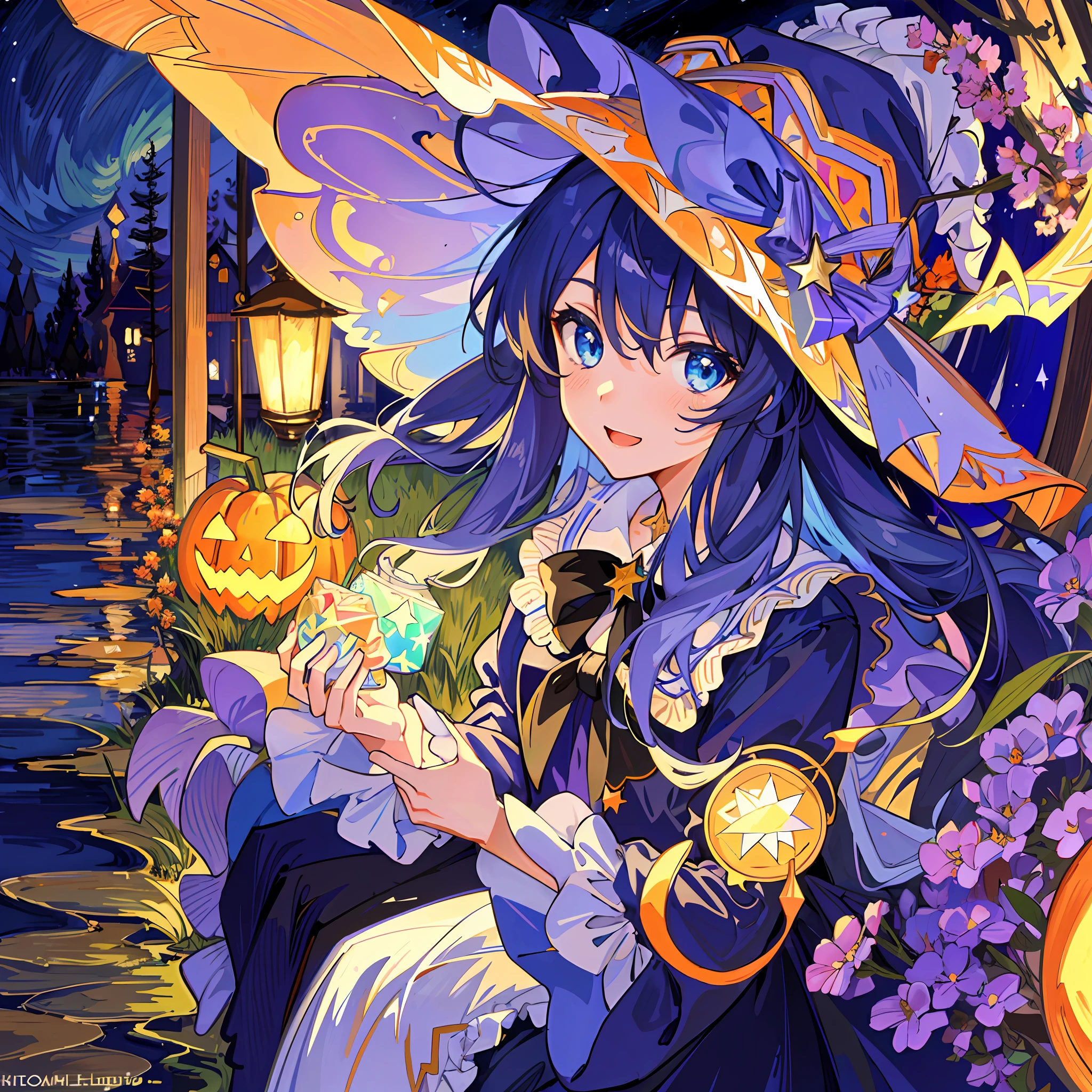((masterpiece:1.2, best quality)), 1girl, solo, (witch hat), a close up of a girl with curly hair, dress, aurora, night, star (sky), gloves, sky, dress, night sky, open mouth, starry sky, light blue eyes, ribbons, smile, cape, colorful hair, magic, casting spell, night, (impressionism:1.4), alphonse mucha, Halloween colors, colorful candy, magical lights, pumpkins, candies