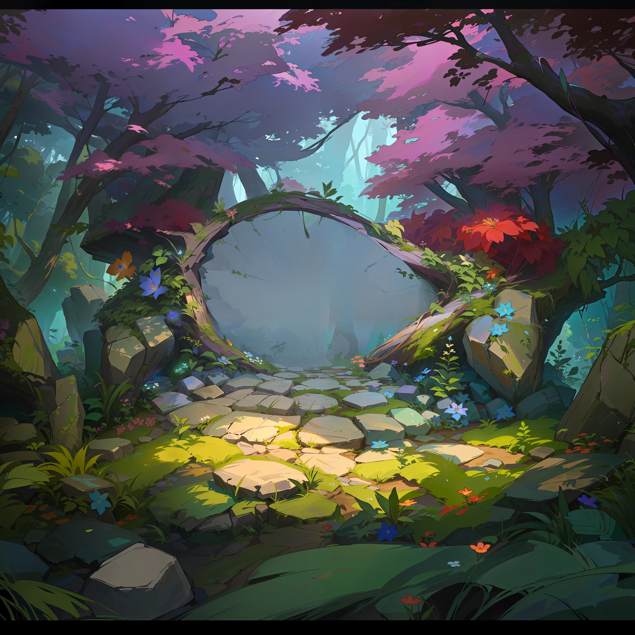 there is a stone path in the middle of a forest, background art, anime background art, wonderland portal, background artwork, elf forest background, odin's stone arena background, magic stone portal in the forest, arena background, interior background art, floral environment, forest portal, mobile game background, fantasy background, fairy tale style background, anime background