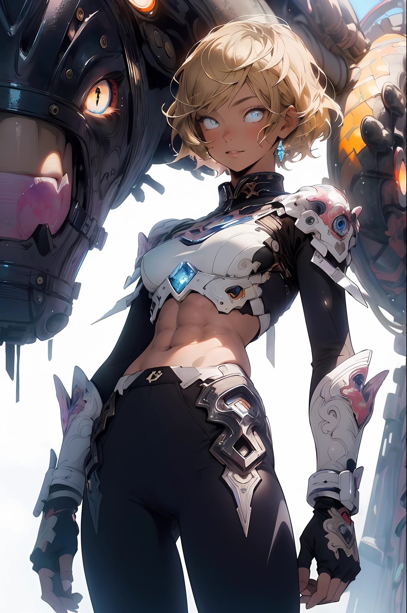 Realism, (Masterpiece, Top Quality, Best Quality, Official Art, Beauty and Aesthetics: 1.2), Very Detailed, Fractal Art, Colorful, Most Detailed, Zentangle, (Abstract Background: 1.5) (1girl), God, Blonde Hair, Short Hair, (Glowing Blue Eyes), Abs, Mysterious, (Magic), Crystal