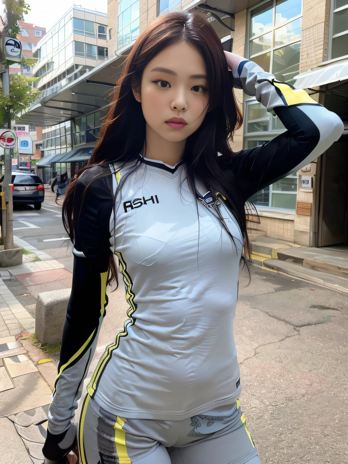 (1girl:1.3), Solo, __body-parts__, Kim Ji-ni Jennie face, wearing trendy brand, football uniform, world-weary face, cold eyes, Korean style photo photo, photography lighting, strong contrast, sunlight on the face, world-weary face, high-class sense, cold eyes, feminine, cement gray background, 8k resolution image, intricate symmetrical details. The whole picture goes forward, mainly a woman standing all over her body, with smooth movements and a complete picture.