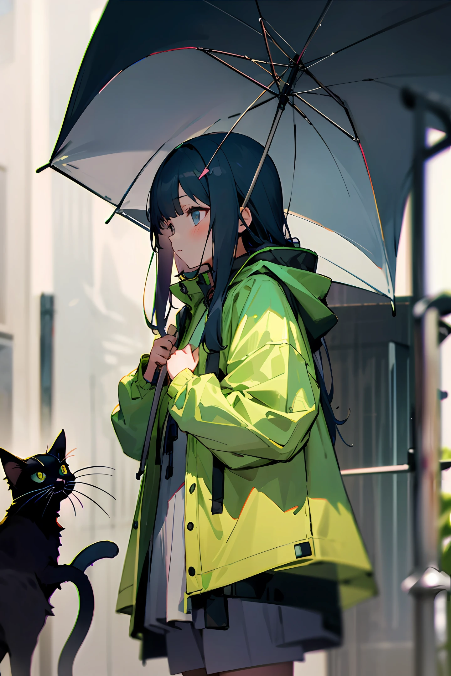 Raincoat, long hair, cat, girl