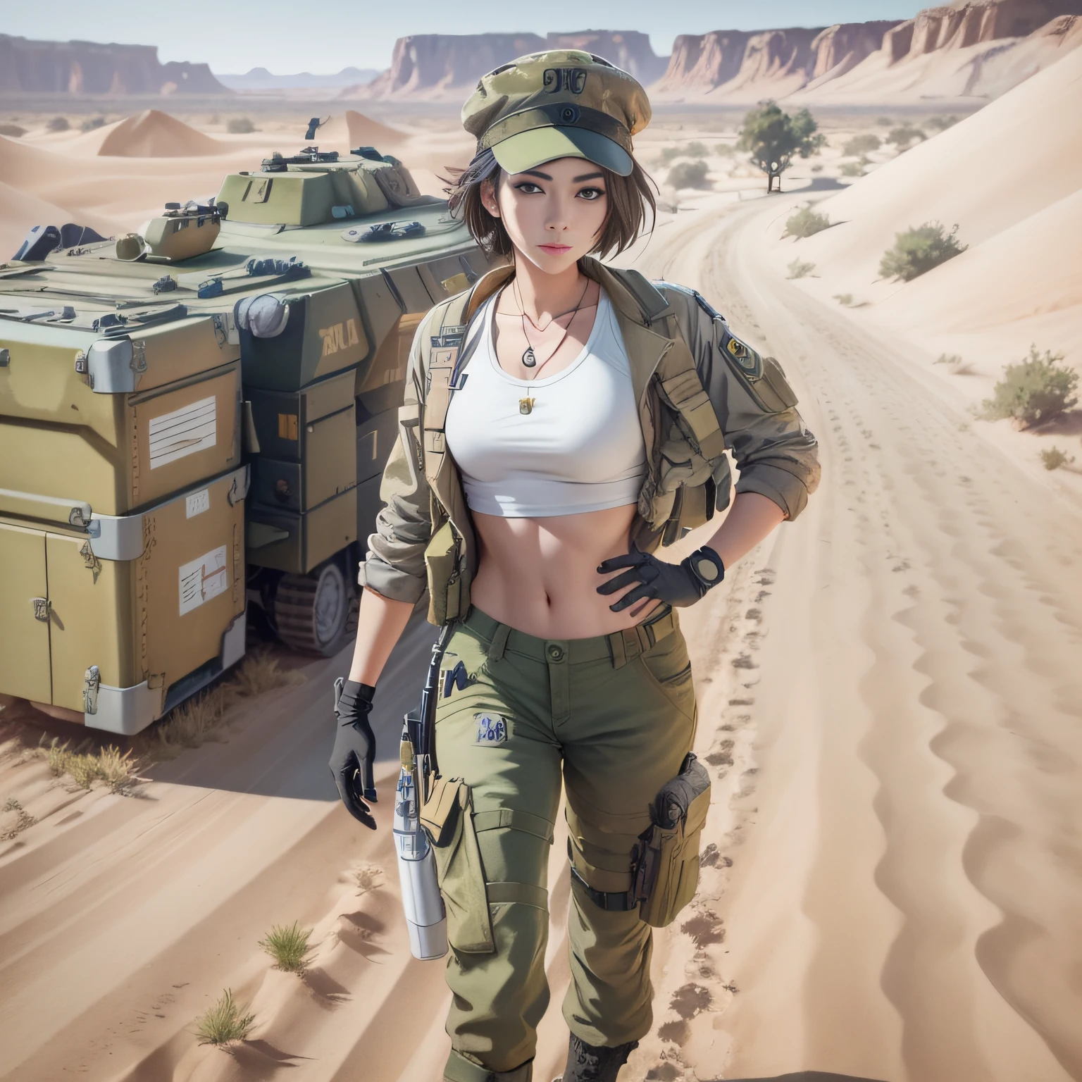 woman in military uniform standing in the desert with a gun, mechanized soldier girl, quiet from metal gear solid v, quiet from metal gear solid, infantry girl, military girl, soldier girl, makoto shinkai ( apex legends ), cute girl wearing tank suit, beautiful female soldier, as overwatch character, 3 d render character art 8 k, loba andrade from apex legends