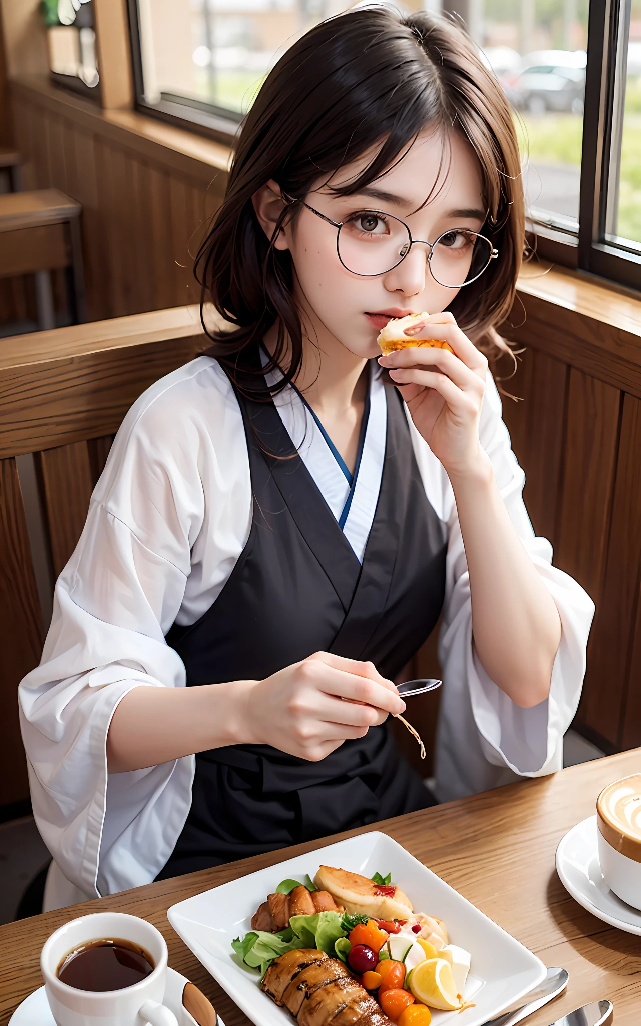 Top Quality, 8K, 4K, High Definition, Details Beautiful round glasses girl, dark haired girl, eating lunch, Japanese style costume, coffee shop,