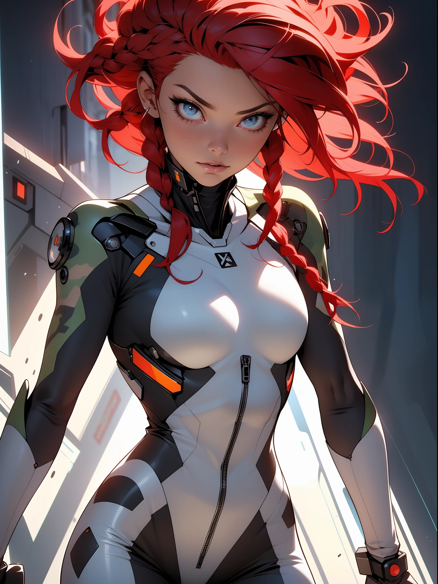 ((Best quality)), ((masterpiece)), (detailed: 1.4), (Absurd), Adult woman robot pilot ready for war with military helmet, tanned skin, defined muscular sculptural body, adult woman's face, Margot Robbie, full body, half thick naked thighs, closed mouth, muscular body covered by technological clothing, cyberpunk, semi naked, generous neckline, ((perfect medium breasts)), (super light blue eyes without pupils), ((military camouflage clothing)), (((red hair with braid))), long eyelashes heavy makeup, garter belt, by mucha, niji --V5, close to real, psychopathic, crazy face, sexy pose, interdimensional portal background, 2 piece clothing, shoulder pads with stars, pastel, centered, scale to fit dimensions, HDR (High Dynamic Range),Ray Tracing,NVIDIA RTX,Super-Resolution,Unreal 5,Subsurface dispersion, PBR texture, Post-processing, Anisotropic filtering, Depth of field, Maximum clarity and sharpness, Multilayer textures, Albedo and specular maps, Surface shading, Accurate simulation of light-material interaction, Perfect proportions, Octane Render, Two-tone lighting, Wide aperture, Low ISO, White balance, Rule of thirds, 8K RAW, crysisnanosuit