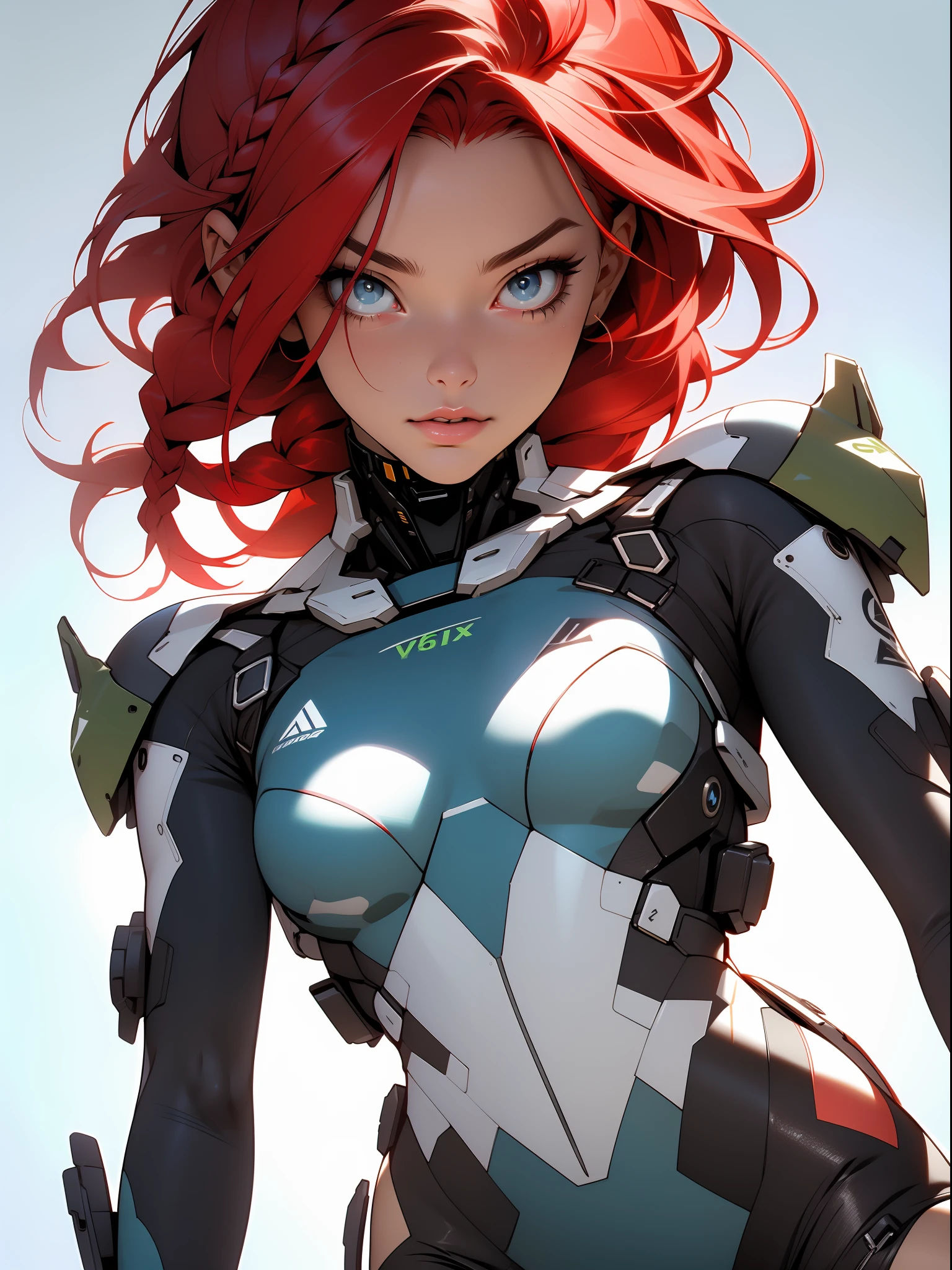 ((Best quality)), ((masterpiece)), (detailed: 1.4), (Absurd), Adult woman robot pilot ready for war with military helmet, tanned skin, defined muscular sculptural body, adult woman's face, Margot Robbie, full body, half thick naked thighs, closed mouth, muscular body covered by technological clothing, cyberpunk, semi naked, generous neckline, ((perfect medium breasts)), (super light blue eyes without pupils), ((military camouflage clothing)), (((red hair with braid))), long eyelashes heavy makeup, garter belt, by mucha, niji --V5, close to real, psychopathic, crazy face, sexy pose, interdimensional portal background, 2 piece clothing, shoulder pads with stars, pastel, centered, scale to fit dimensions, HDR (High Dynamic Range),Ray Tracing,NVIDIA RTX,Super-Resolution,Unreal 5,Subsurface dispersion, PBR texture, Post-processing, Anisotropic filtering, Depth of field, Maximum clarity and sharpness, Multilayer textures, Albedo and specular maps, Surface shading, Accurate simulation of light-material interaction, Perfect proportions, Octane Render, Two-tone lighting, Wide aperture, Low ISO, White balance, Rule of thirds, 8K RAW, crysisnanosuit