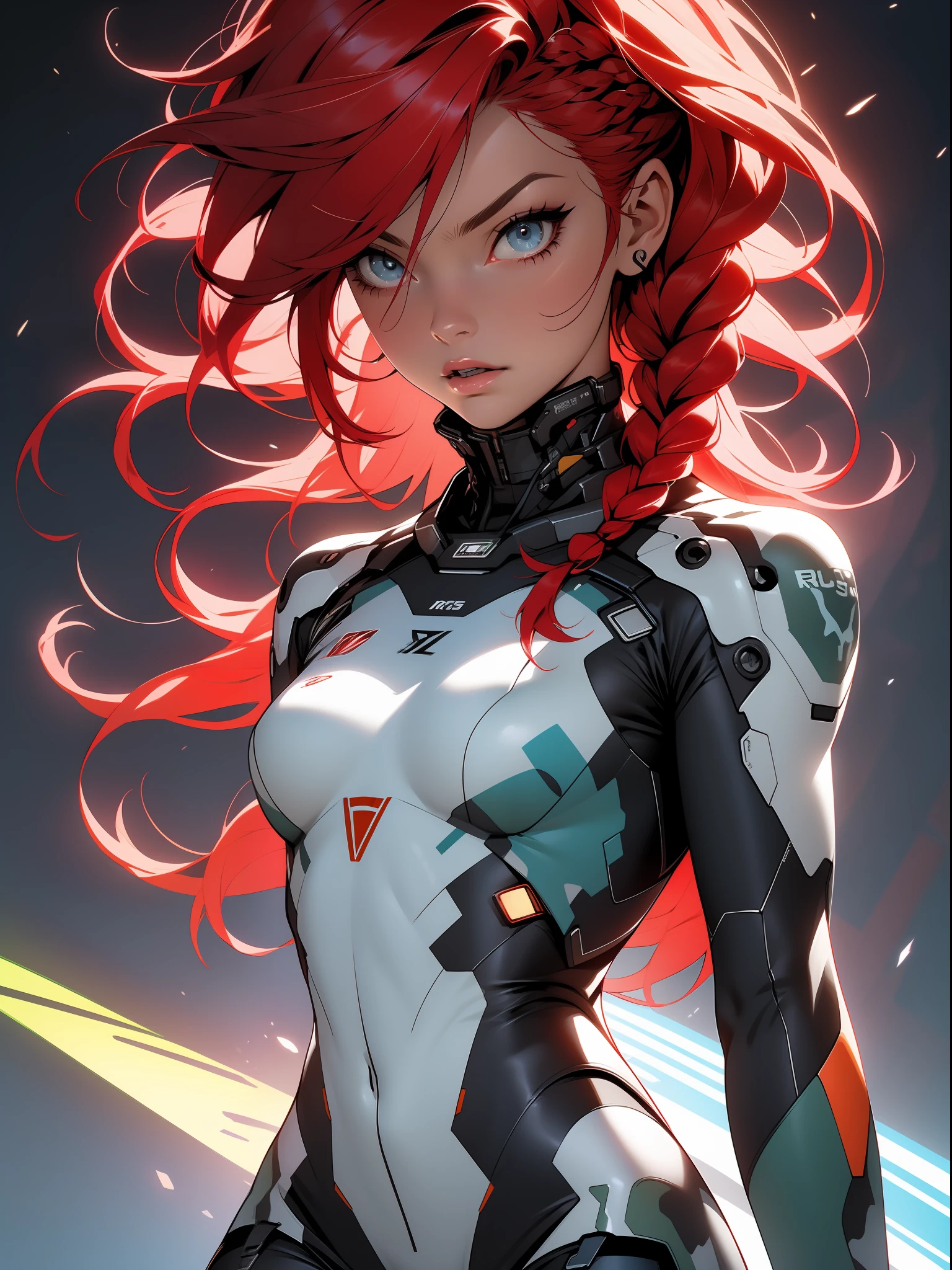 ((Best quality)), ((masterpiece)), (detailed: 1.4), (Absurd), Adult woman robot pilot ready for war with military helmet, tanned skin, defined muscular sculptural body, adult woman's face, Margot Robbie, full body, half thick naked thighs, closed mouth, muscular body covered by technological clothing, cyberpunk, semi naked, generous neckline, ((perfect medium breasts)), (super light blue eyes without pupils), ((military camouflage clothing)), (((red hair with braid))), long eyelashes heavy makeup, garter belt, by mucha, niji --V5, close to real, psychopathic, crazy face, sexy pose, interdimensional portal background, 2 piece clothing, shoulder pads with stars, pastel, centered, scale to fit dimensions, HDR (High Dynamic Range),Ray Tracing,NVIDIA RTX,Super-Resolution,Unreal 5,Subsurface dispersion, PBR texture, Post-processing, Anisotropic filtering, Depth of field, Maximum clarity and sharpness, Multilayer textures, Albedo and specular maps, Surface shading, Accurate simulation of light-material interaction, Perfect proportions, Octane Render, Two-tone lighting, Wide aperture, Low ISO, White balance, Rule of thirds, 8K RAW, crysisnanosuit