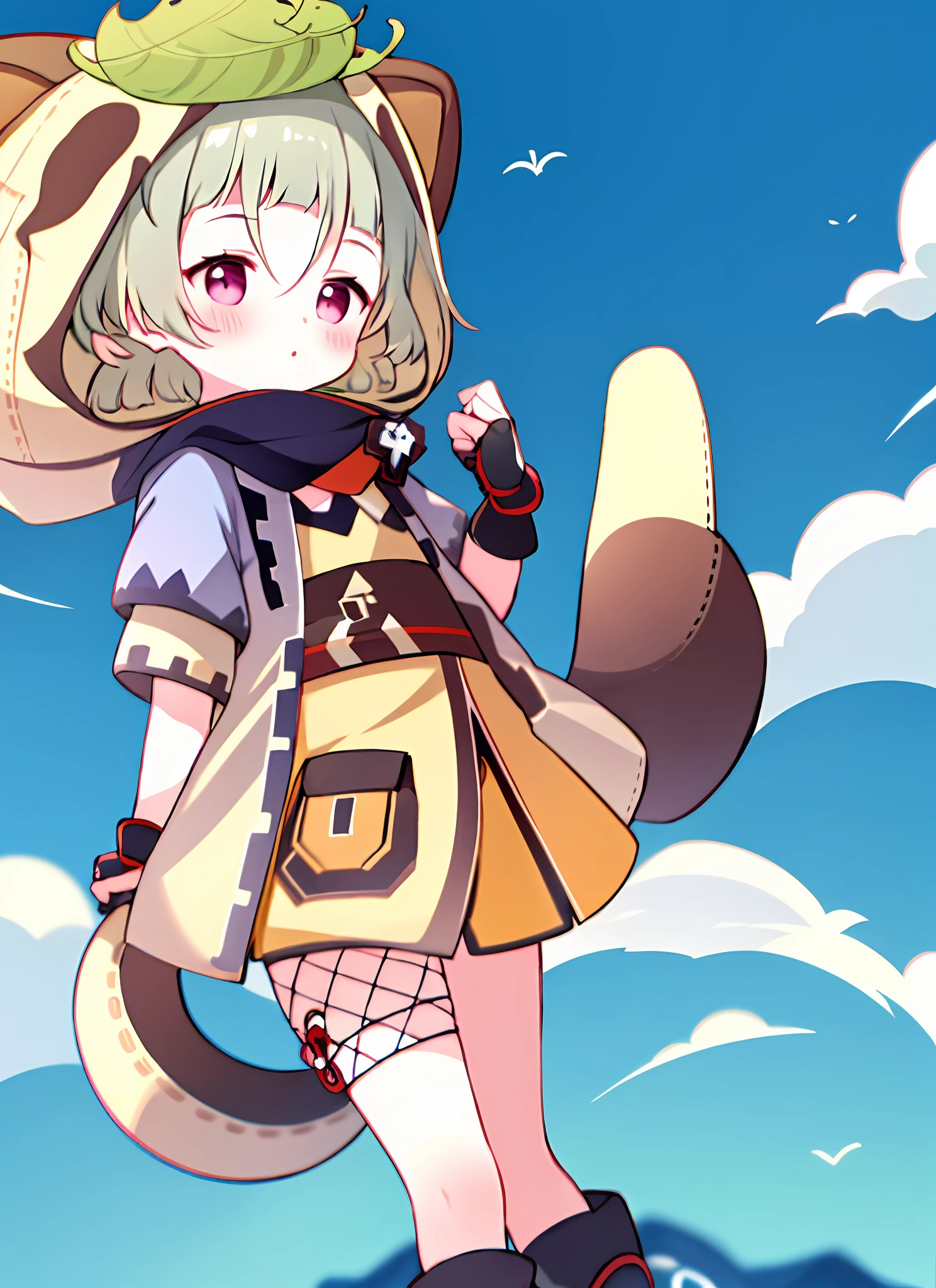 blush, outdoors, daytime, simple background, blue sky, wavy hair, sky, looking at the audience, , very cute expression, small short legs, avatar, toes,