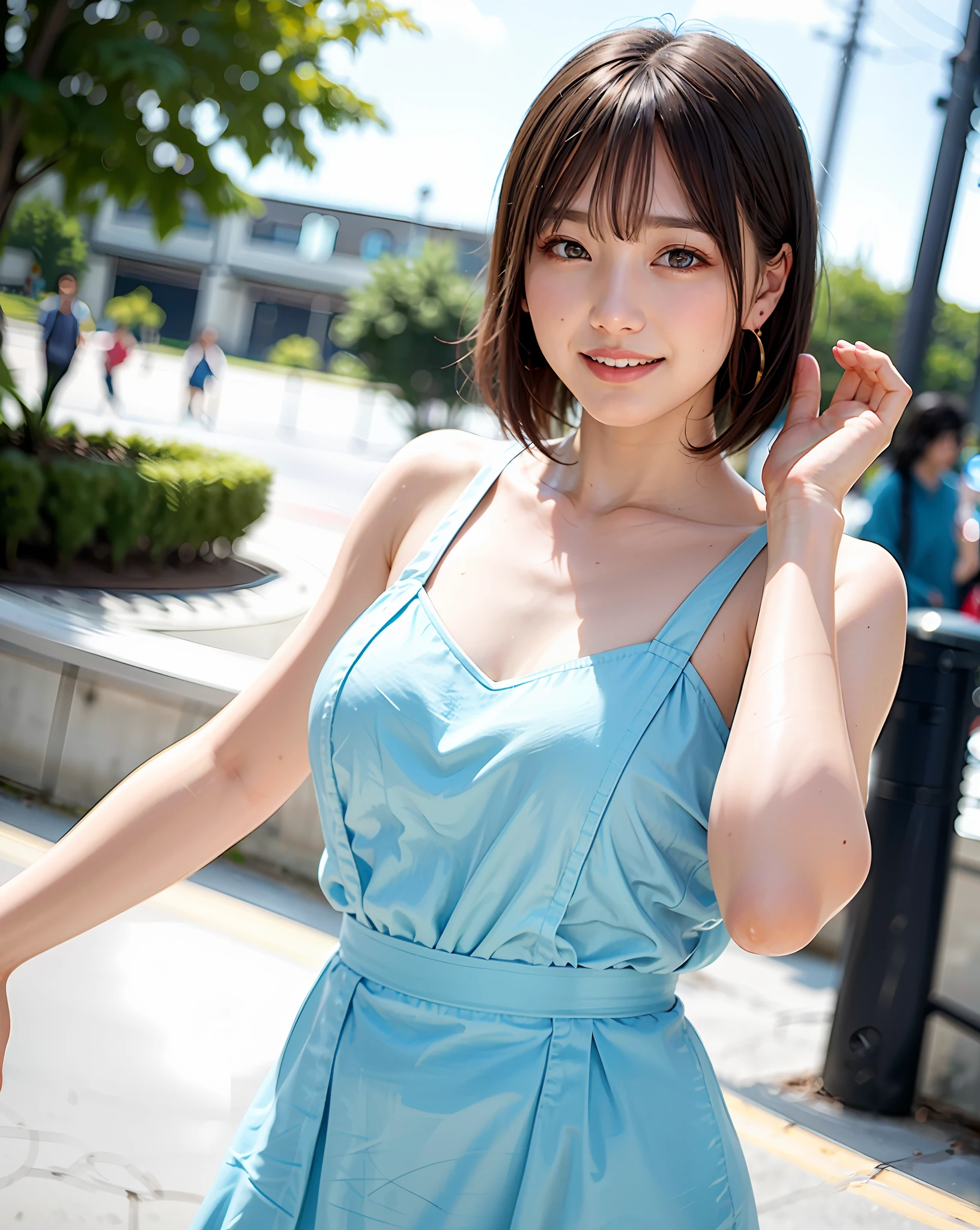 Woman posing on street corner in light blue dress, top quality, one girl, big breasts, sun, bright, blurred background, bokeh, outdoor, (street: 0.8), (people, crowd: 1), (cropped with lace) dress: 1.5, sleeveless dress, light blue clothes, light blue high neck dress: 1.2, blue dress: 1.5), gorgeous (short hair, forehead: 1.2), Beautiful sky in detail, earrings, (Dynamic pose: 1.2), (upper body: 0.8), soft lighting, wind, glossy skin, smile, bob