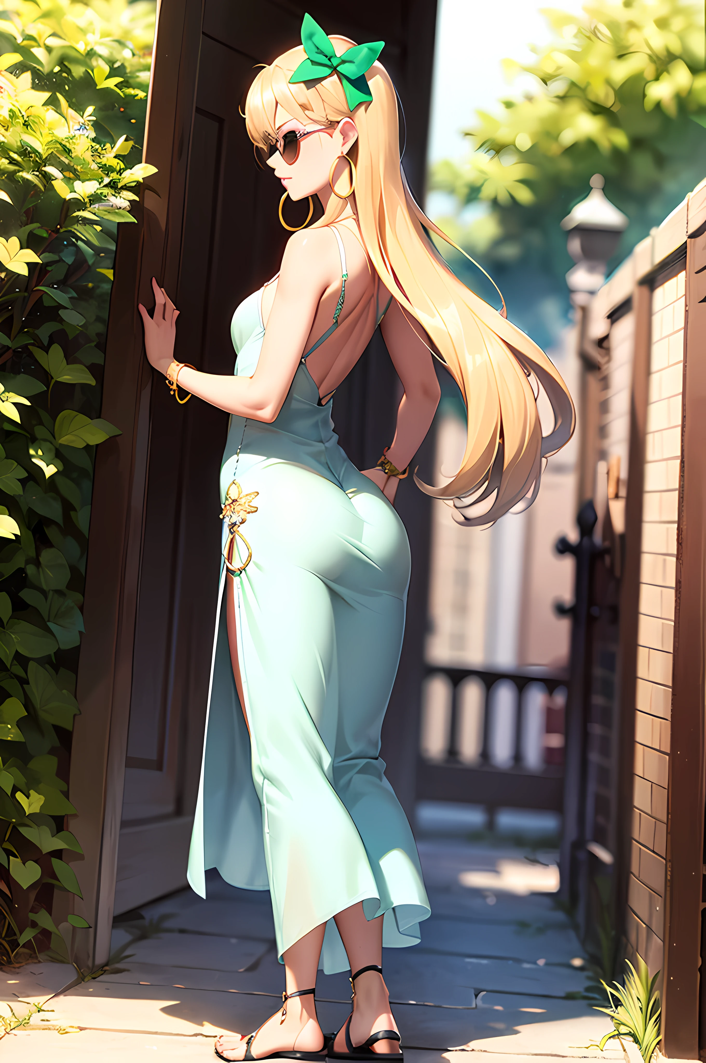 masterpiece:1.6, best quality:1.4, real picture:1.2, intricate details:1.2, 1lady, solo,
Appearance: milf:1.25, slender:1.2, green eyes, small breast, flat chest, sharp eyes,
Clothing: (simple green maxi slip-on dress:1.2), wide-brimmed hat, strappy sandals,
Accessories: golden ring, simple hoop earrings, shell necklace, oversized sunglasses,
Hair: long blonde hair, messy hair, hair bow, hair ornament,
Makeup: masacra, natural, glowing skin,
Location: outdoors, nature,
Behavior: ass, from behind, back, ButtLift, pose, ass support, grabbing own ass,