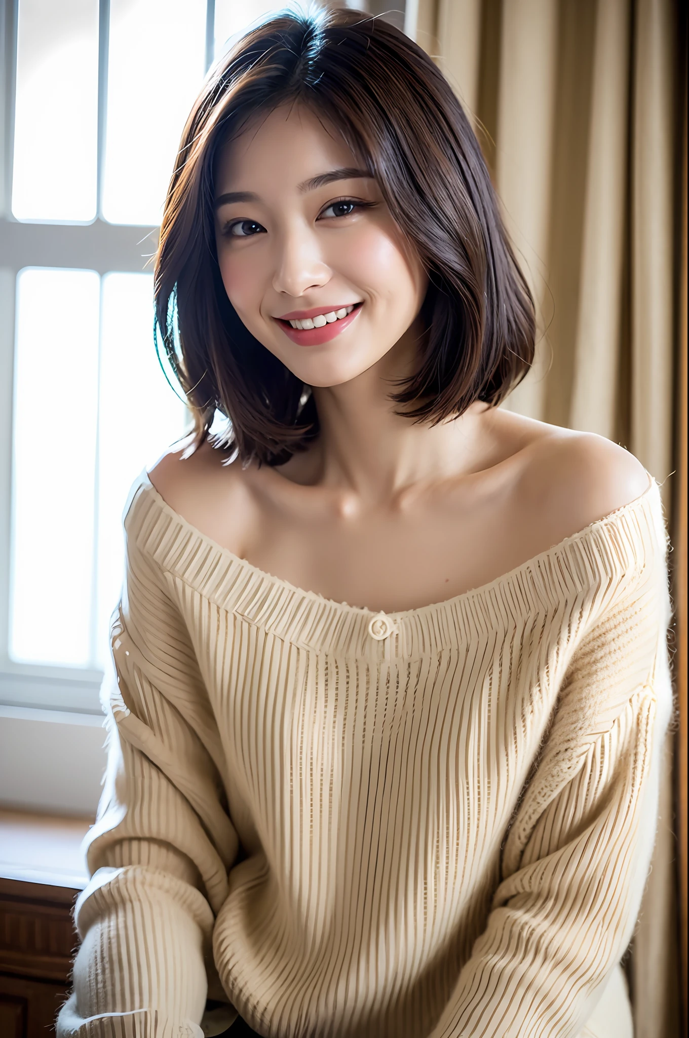 Top Quality, Masterpiece, Ultra High Definition, Photorealistic, 1 Girl, Off Shoulder, Smile, oversized_sweater, Soft Lighting, Detailed Skin, Brown Hair, Short Bob