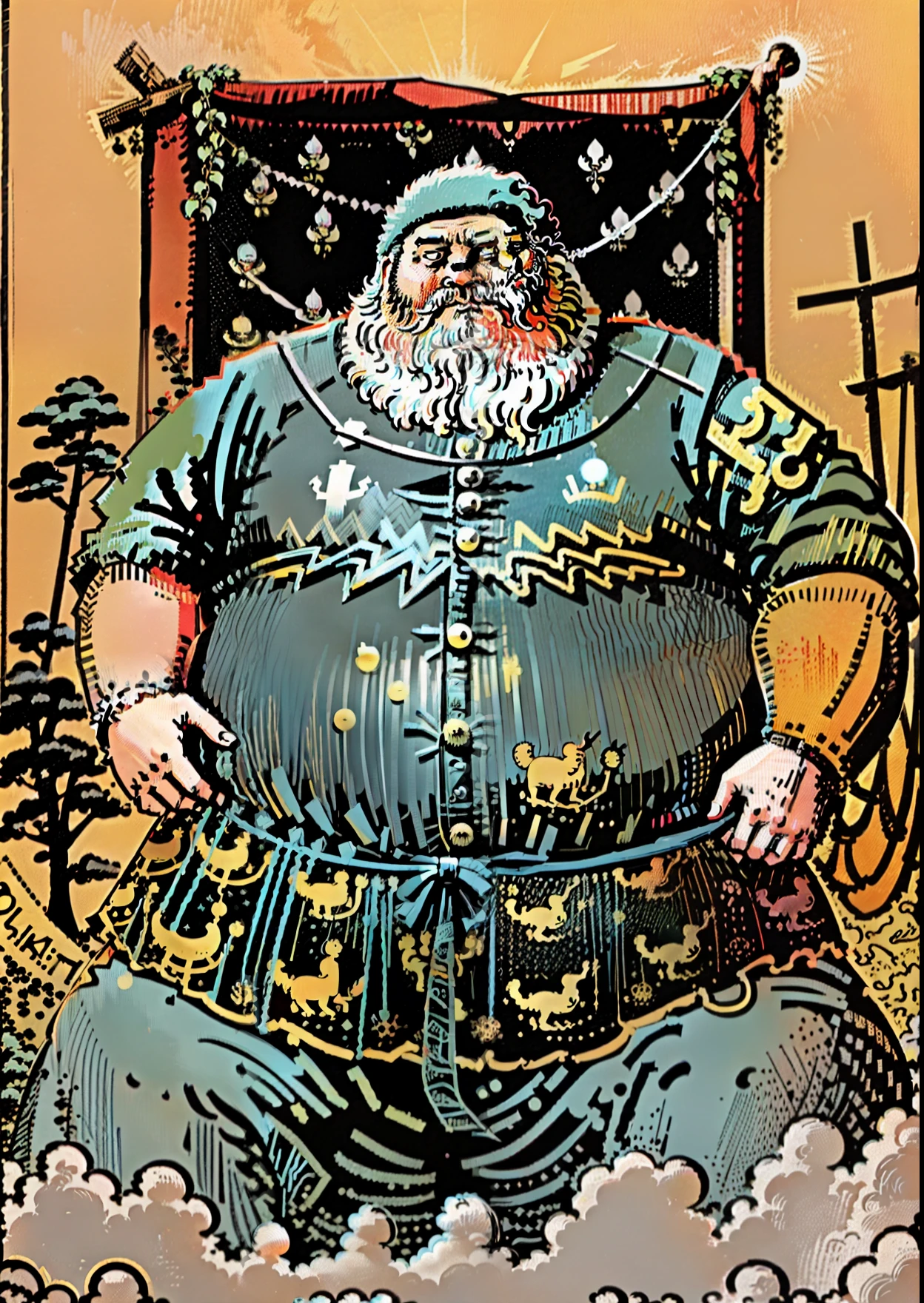 Make a tarot style picture of a fat man shooting his belly, becoming tarot card style, and then the fat man is going to be in a scene