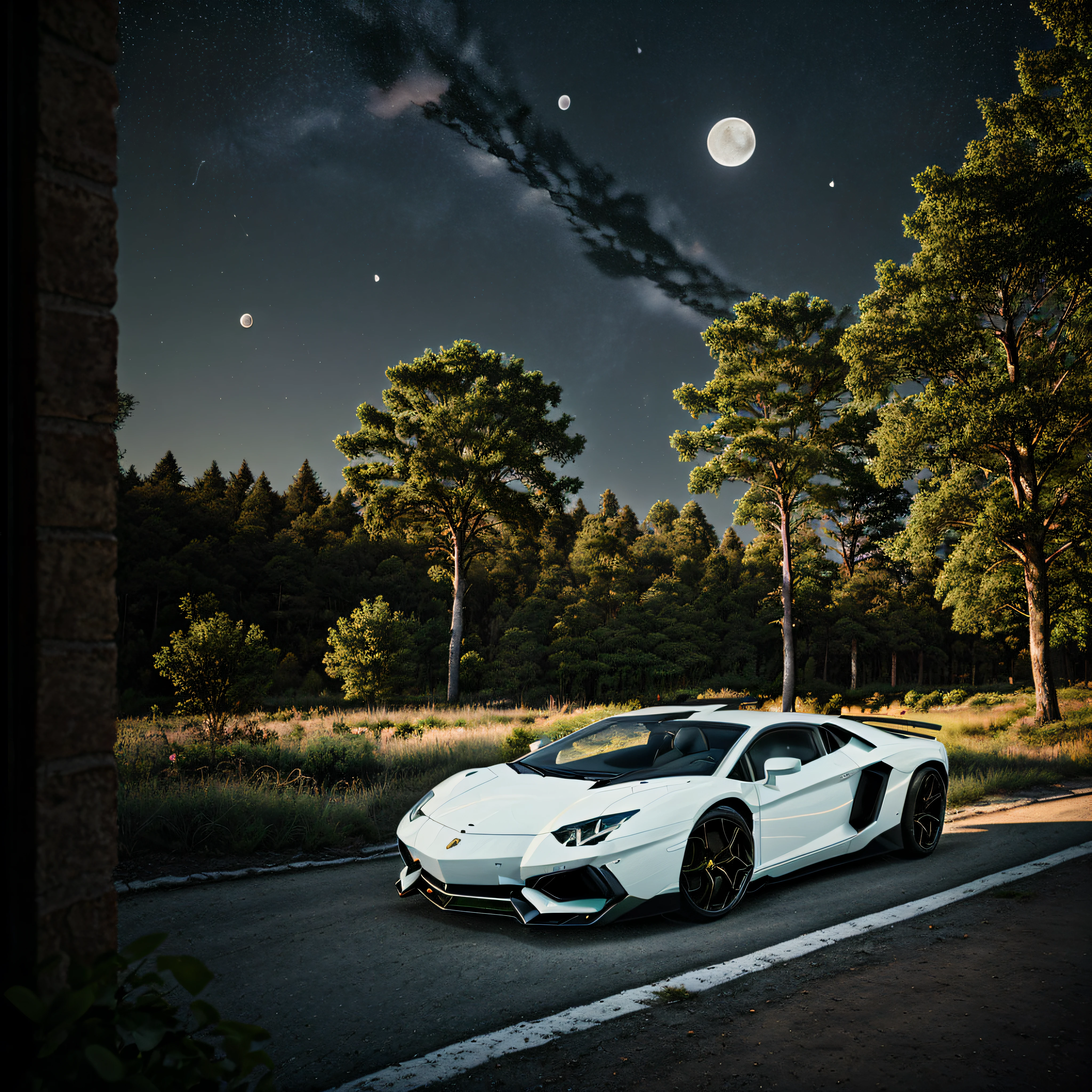 A purple 2022 Lamborghini Aventador SVJ, photograph taken from afar, whole car, minimalist 5-spoke symmetrical custom wheels, symmetrical, proportional, realistic, realistic car, car, best angle, masterpiece, best quality, ultra-detailed, solo, (night), nature, (stars, moon) smoke, shadows, contrast, clear sky, style, (warm hue, warm tone) (super realistic) (super detailed) HDR quality