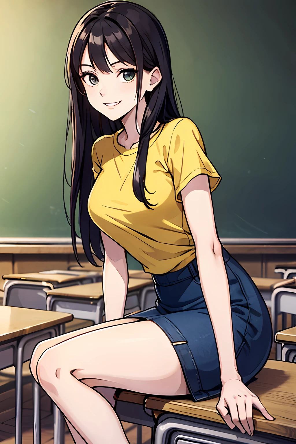 masterpiece, top quality, high resolution, evil smile, wicked smile, long hair, yellow shirt, denim skirt, long skirt, side slit, classroom