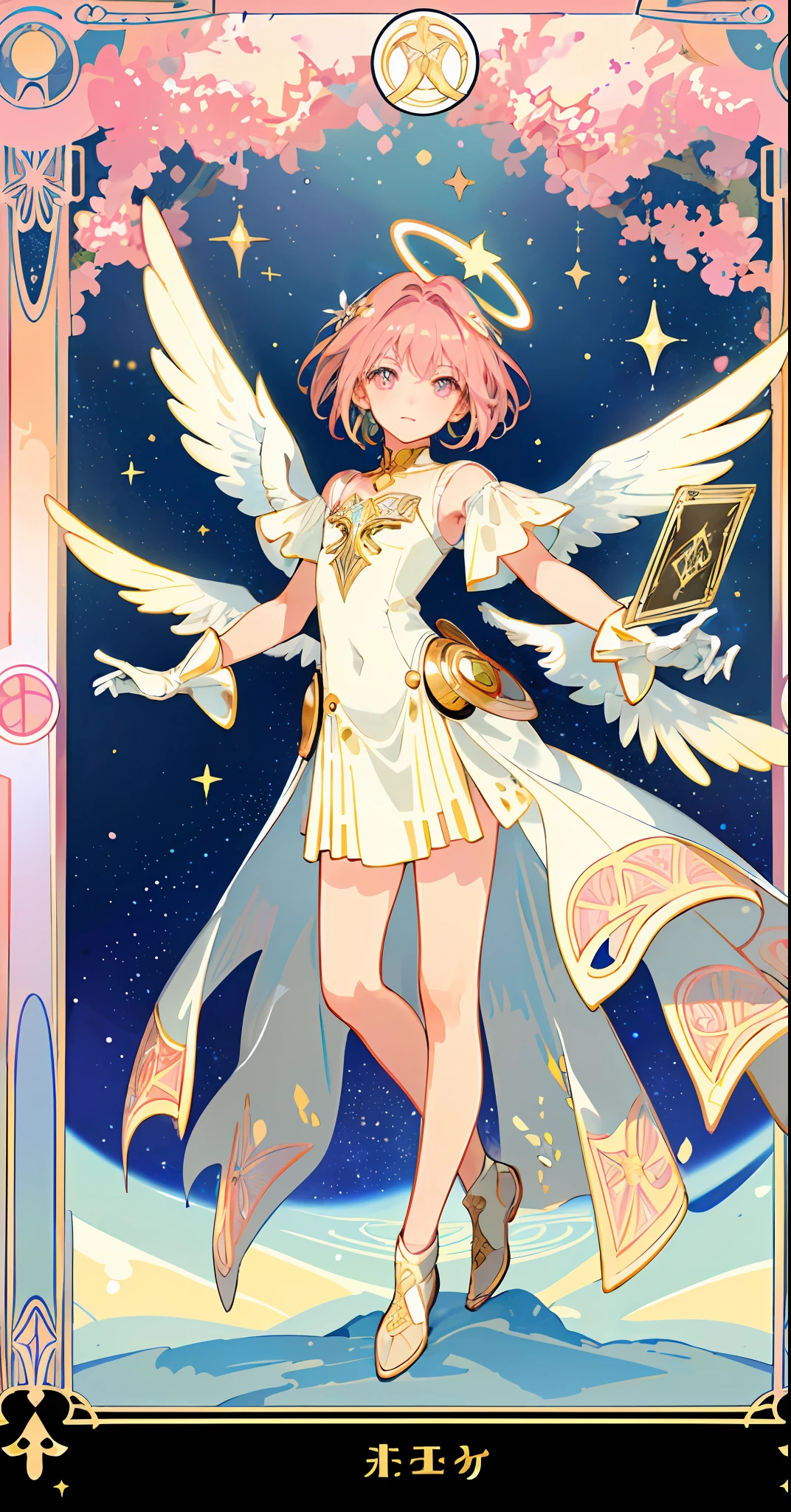 ((masterpiece,best quality)),(1girl, solo:1.4),beautiful detailed eyes, vivid, cinematic light, full_body, pink_flowers, (tarot_card), intricate, detailed background, looking_at_viewer, Cardcaptor sakura, hands reaching out, (flat chest), (walking), casual pose, posing, (white_gloves), (pink_eyes), white feathers, sparkles, glitter, celestial, outerspace, by alphonse mucha, (gold frame), halo, (tarot border)
