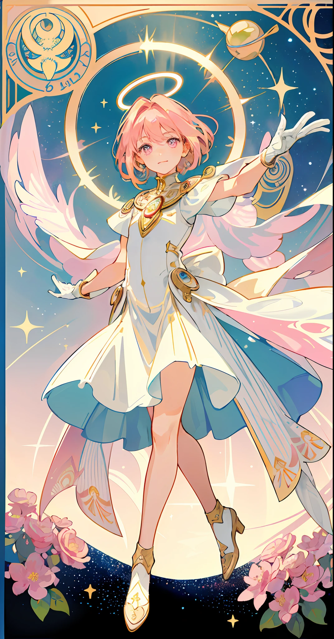 ((masterpiece,best quality)),(1girl, solo:1.4),beautiful detailed eyes, vivid, cinematic light, full_body, pink_flowers, (tarot_card), intricate, detailed background, looking_at_viewer, Cardcaptor sakura, hands reaching out, (flat chest), (walking), casual pose, posing, (white_gloves), (pink_eyes), white feathers, sparkles, glitter, celestial, outerspace, by alphonse mucha, (gold frame), halo, (tarot border)