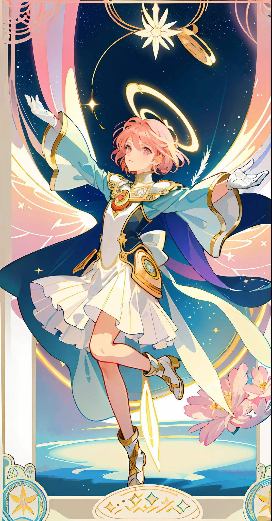 ((masterpiece,best quality)),(1girl, solo:1.4),beautiful detailed eyes, vivid, cinematic light, full_body, pink_flowers, (tarot_card), intricate, detailed background, looking_at_viewer, Cardcaptor sakura, hands reaching out, (flat chest), (walking), casual pose, posing, (white_gloves), (pink_eyes), white feathers, sparkles, glitter, celestial, outerspace, by alphonse mucha, (gold frame), halo, (tarot border)
