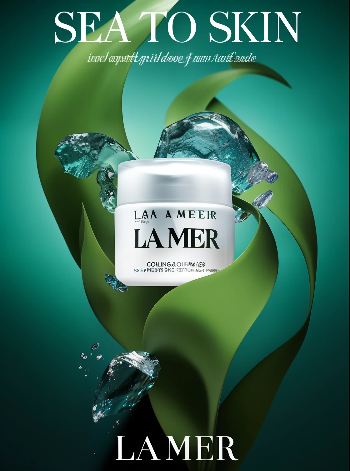 La Mer beauty product advertising with sea to skin, dramatic product photography, inspired by Lam Qua, high quality product photography, dark color product photos, lamia, , official product images, dramatic product shooting, jaw-dropping, professional product photography, commercial product photography, transformation, dramatic product lighting,