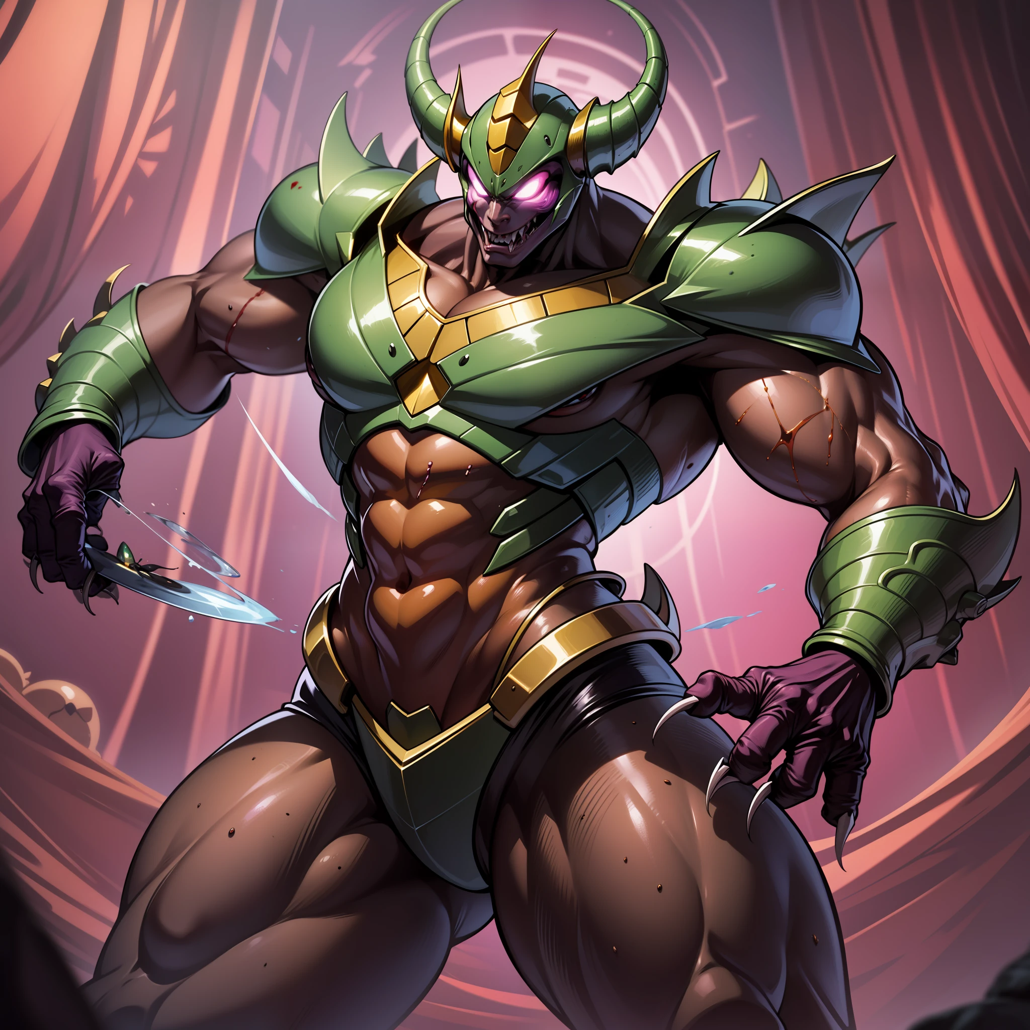 One man, a cartoon alien with an unusually developed muscular body, protruding blood vessels, claws and a red and purple body, hercules beetle, fangs, cel shades, Guyver style,