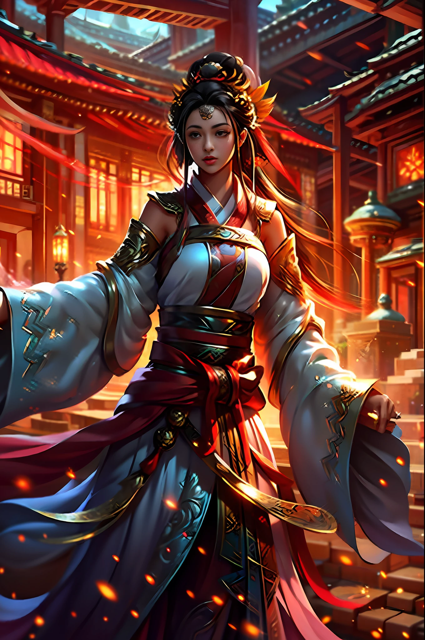 Official Art, Unity 8k wallpaper, ultra-detailed, beautiful, beautiful, masterpiece, best quality, mystery, romanticism, horror, literature, art, fashion, tang dynasty era, decoration, intricate, embroidery, red hanfu, red tulle jacket, 1 girl, big breasts, black hair, red headband, red hairpin, sad, fatalistic, bust composition, dramatic composition, movie lighting, dynamic perspective, sexy, bare thighs, bare shoulders, full of temptation, red maple forest, maple leaves falling, Red maple background, cloudy mist, dramatic composition,