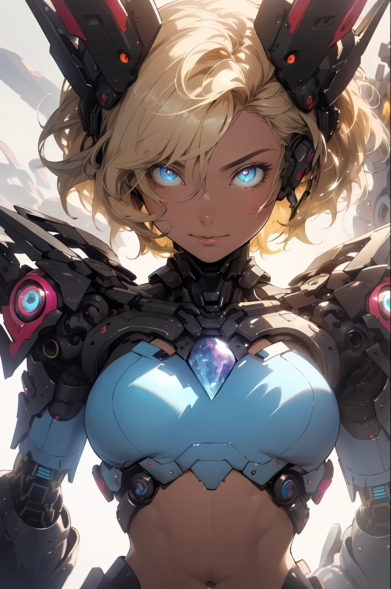 Realistic, (Masterpiece, Top Quality, Best Quality, Official Art, Beauty and Aesthetics: 1.2), Very Detailed, Fractal Art, Colorful, Most Detailed, Zentangle, (Abstract Background: 1.5) (1girl), God, Blonde Hair, Short Hair, (Glowing Blue Eyes), Abs, Mysterious, (Magic), Crystal, Arm Mecha, Light Mech