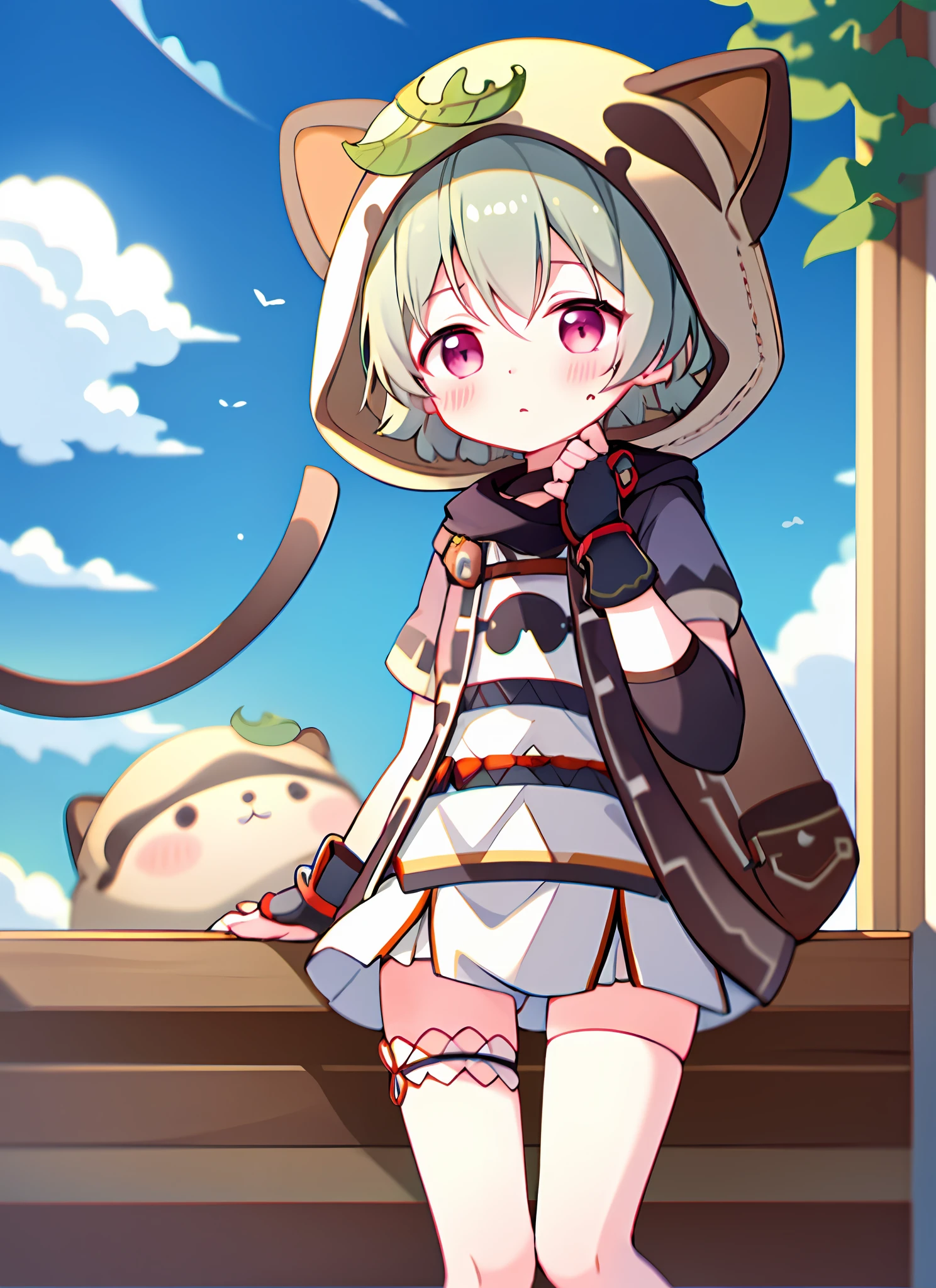 blush, outdoor, daytime, simple background, blue sky, rippled hair, sky, looking at the audience, loli, very cute expression, small short legs, avatar, toes, high-quality panties,