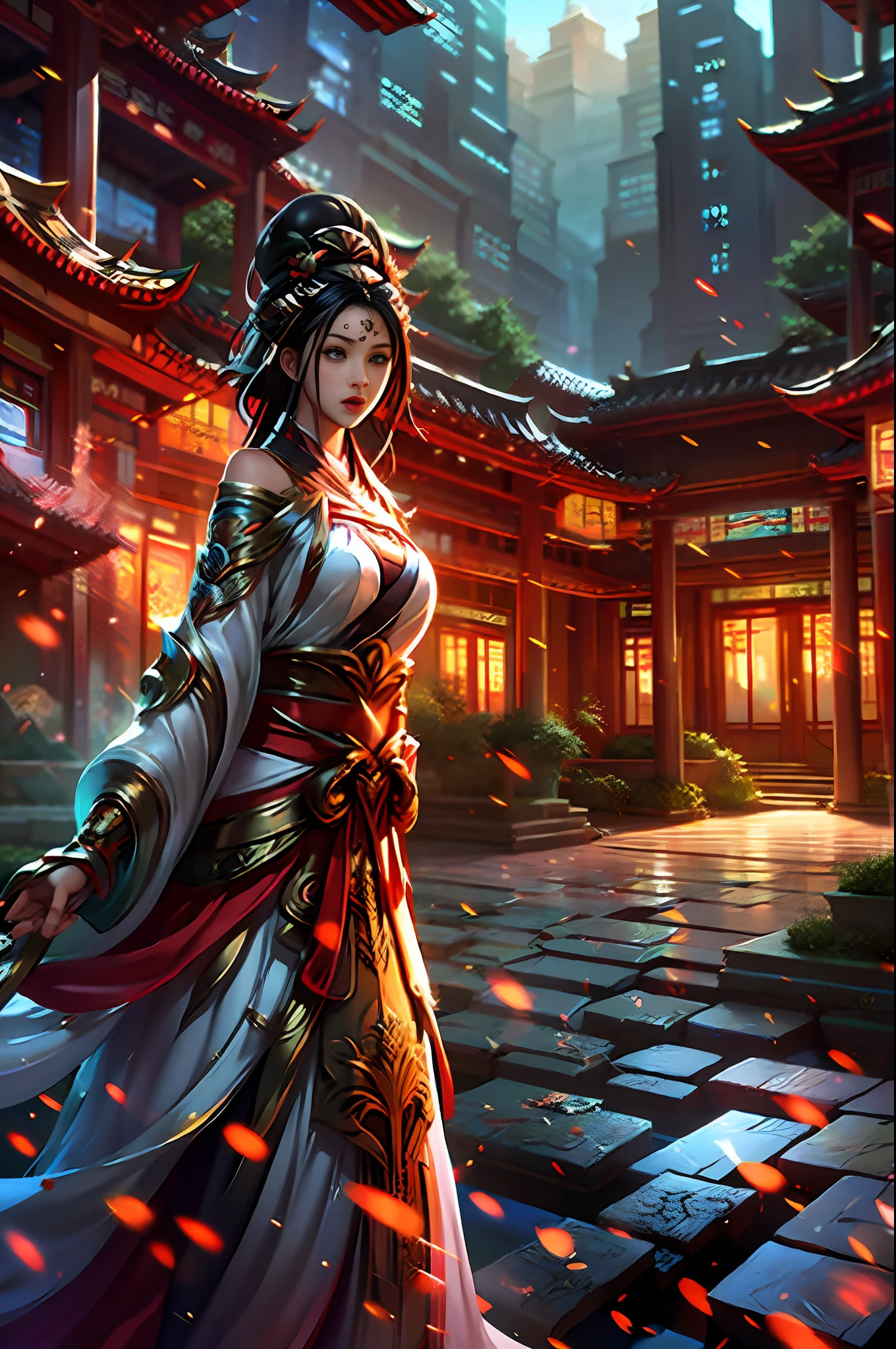 Official Art, Unity 8k wallpaper, ultra-detailed, beautiful, beautiful, masterpiece, best quality, mystery, romanticism, horror, literature, art, fashion, tang dynasty era, decoration, intricate, embroidery, red hanfu, red tulle jacket, 1 girl, big breasts, black hair, red headband, red hairpin, sad, fatalistic, bust composition, dramatic composition, movie lighting, dynamic perspective, sexy, bare thighs, bare shoulders, full of temptation, red maple forest, maple leaves falling, Red maple background, cloudy mist, dramatic composition,